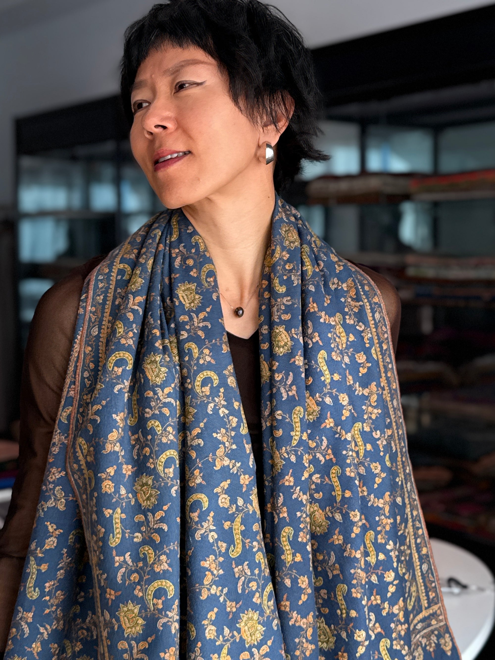 Vintage Foggy Blue Paisley Pashmina Shawl