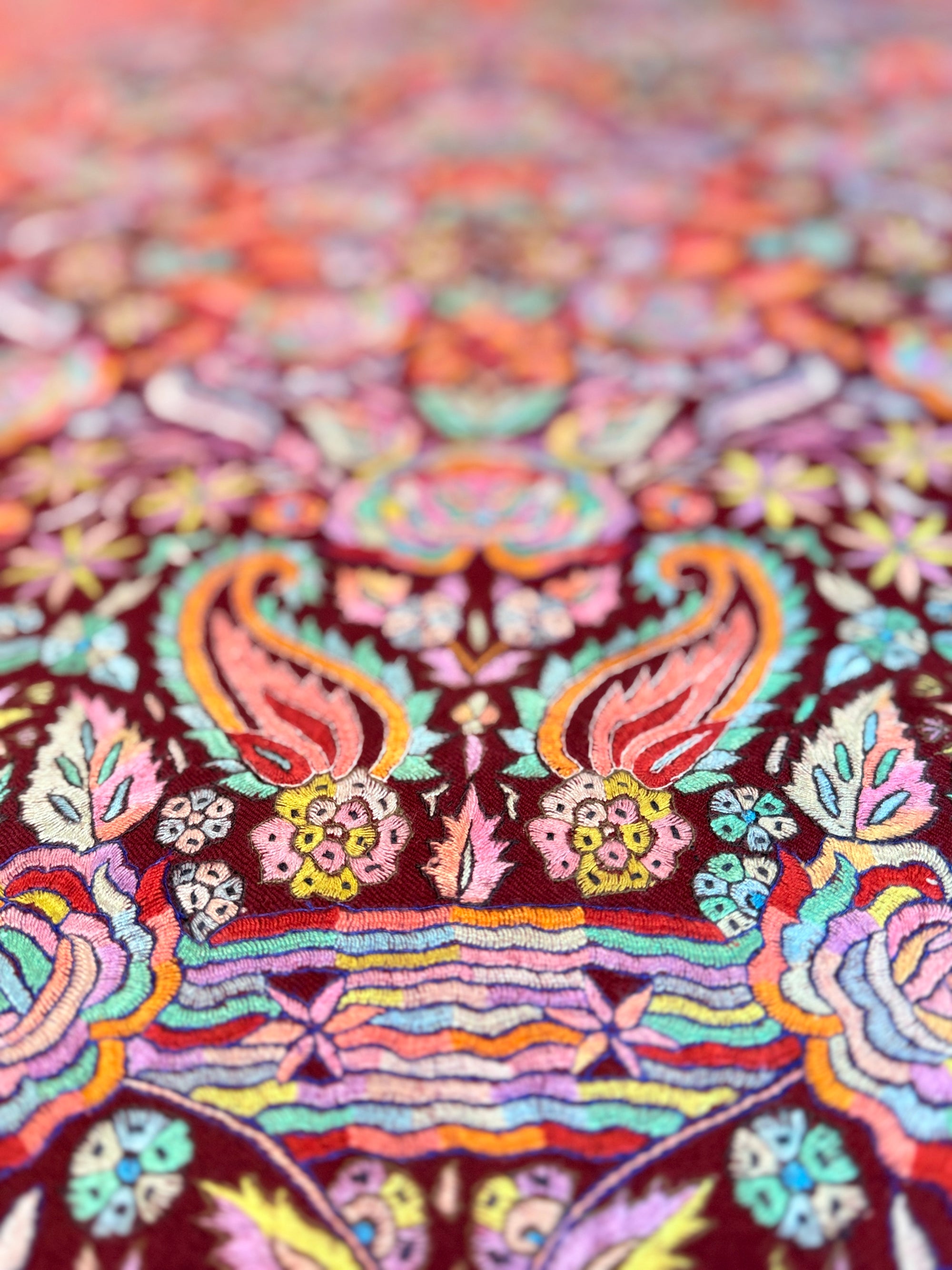 Maroon Dancing Almond Sozni Jamawar Embroidery Pashmina Shawl