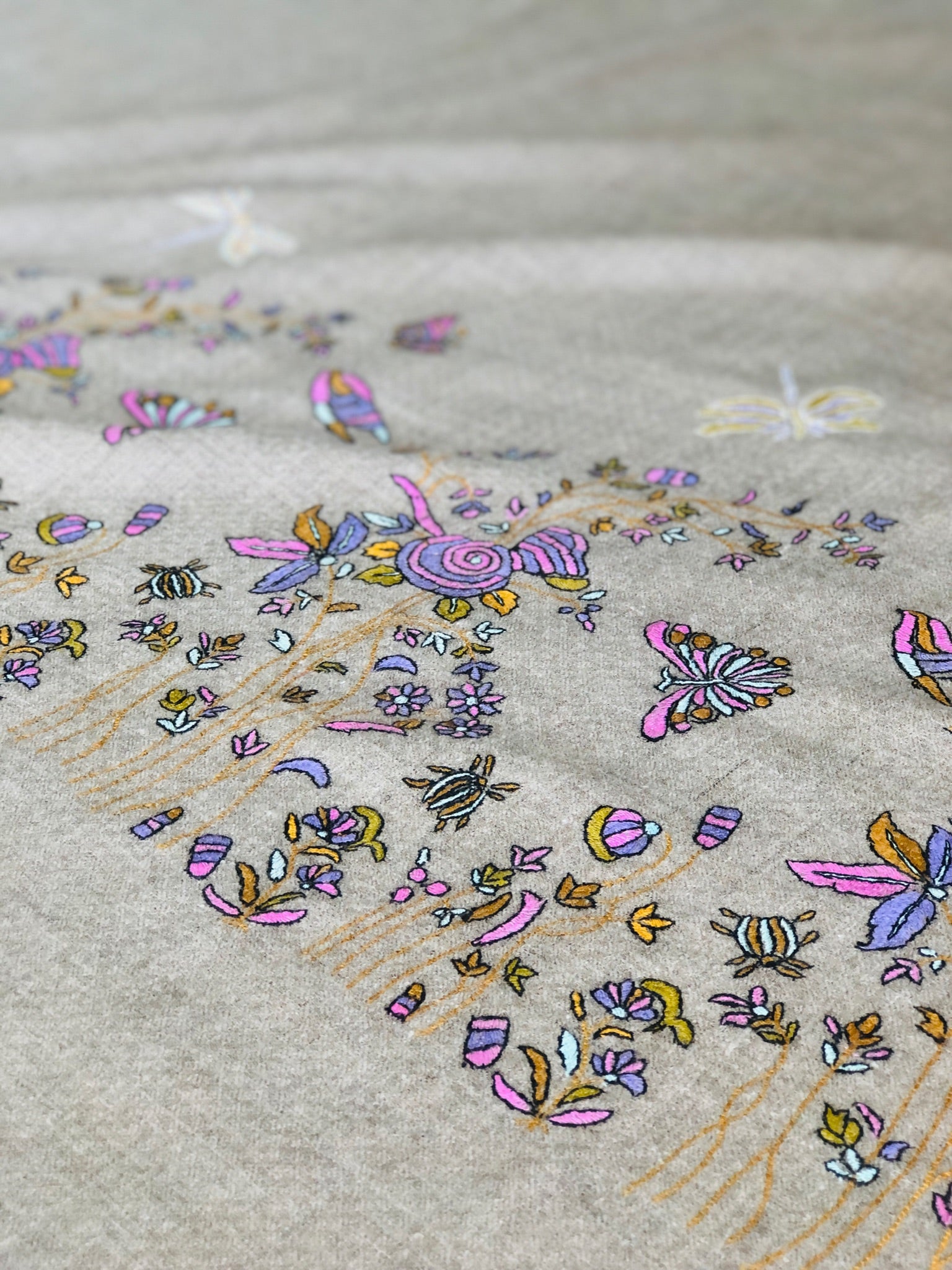 Light Camel Butterfly Design Embroidery Pashmina Shawl