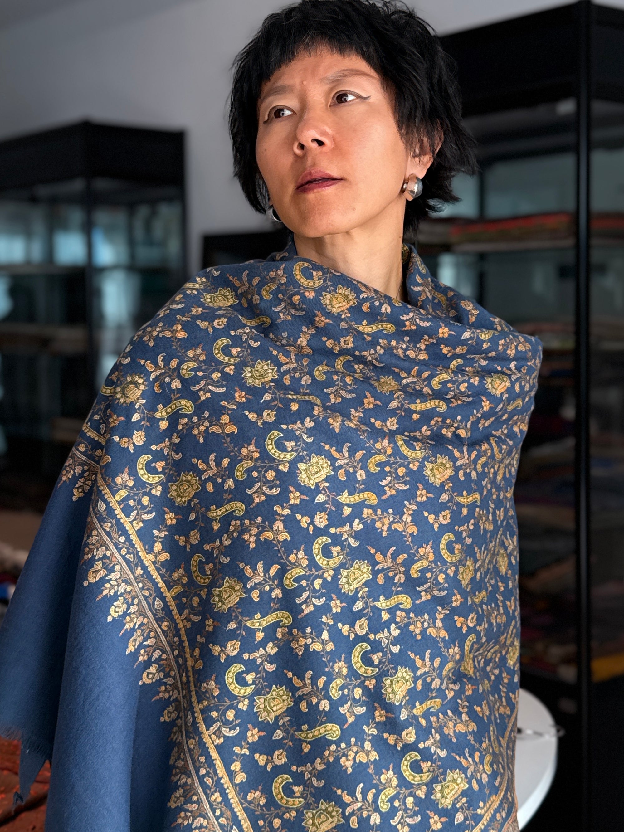 Vintage Foggy Blue Paisley Pashmina Shawl