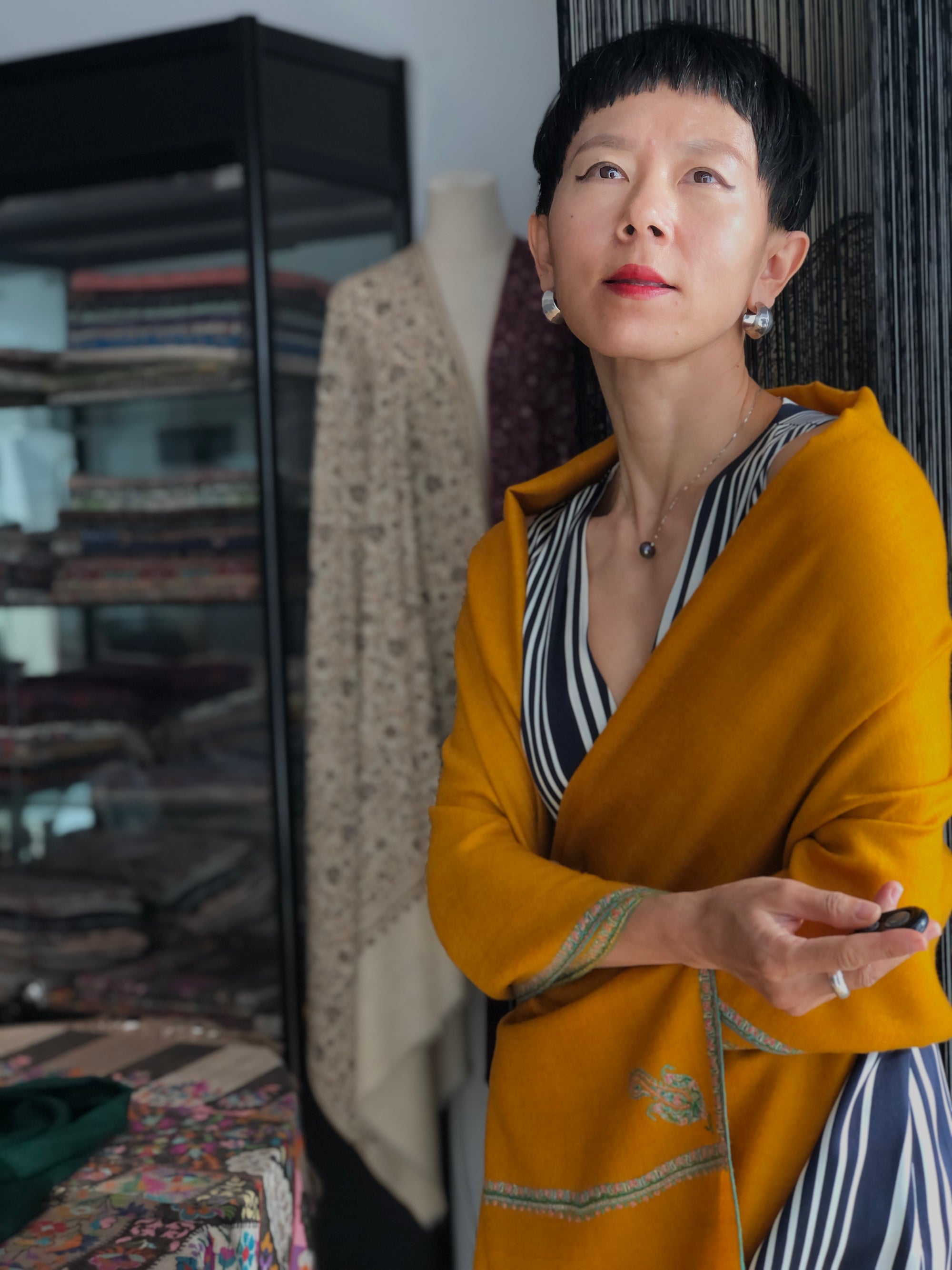 Vintage Mustard Silk Embroidery Pashmina Shawl