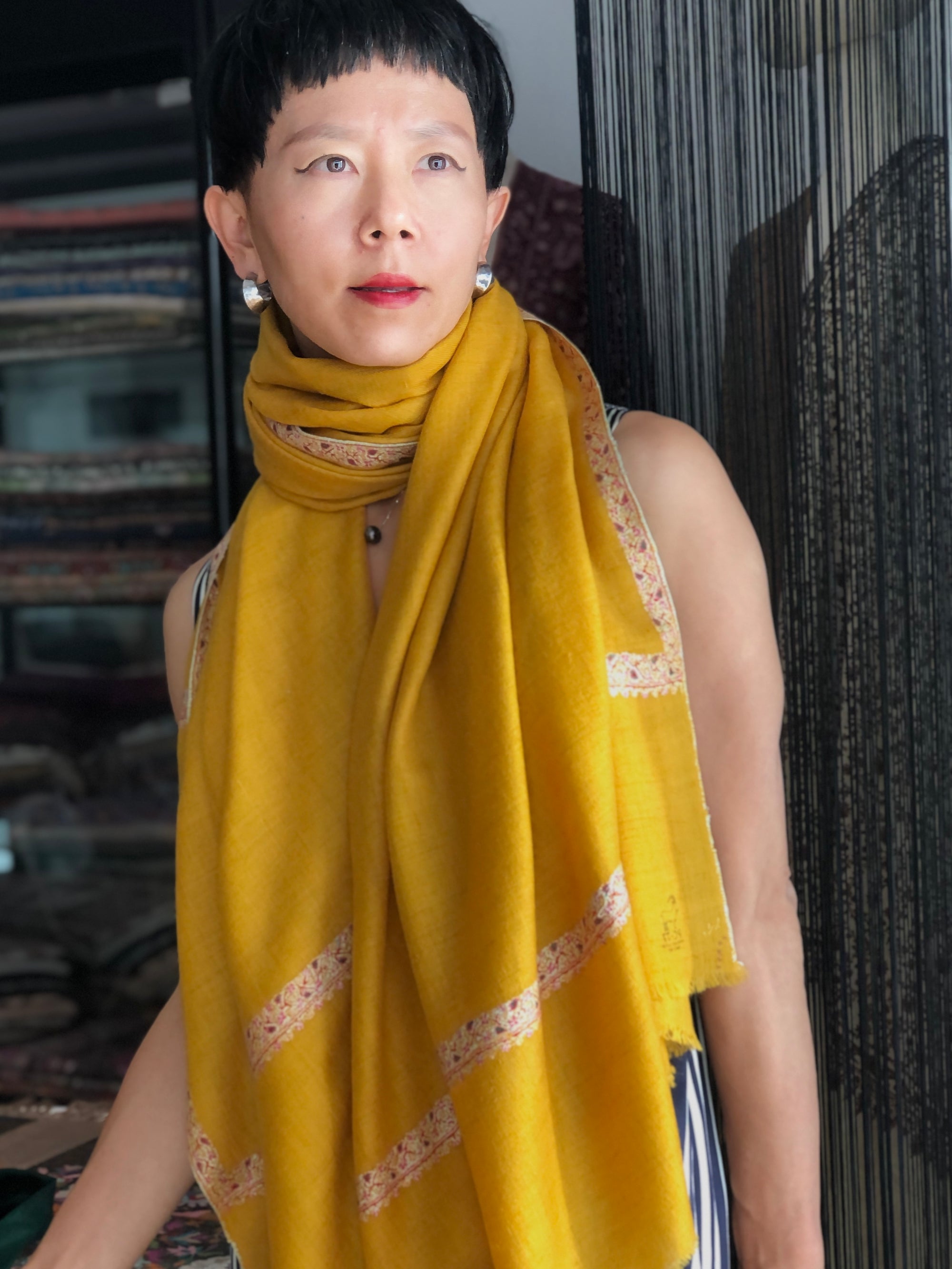 Vintage Yellow Silk Embroidery Pashmina Shawl