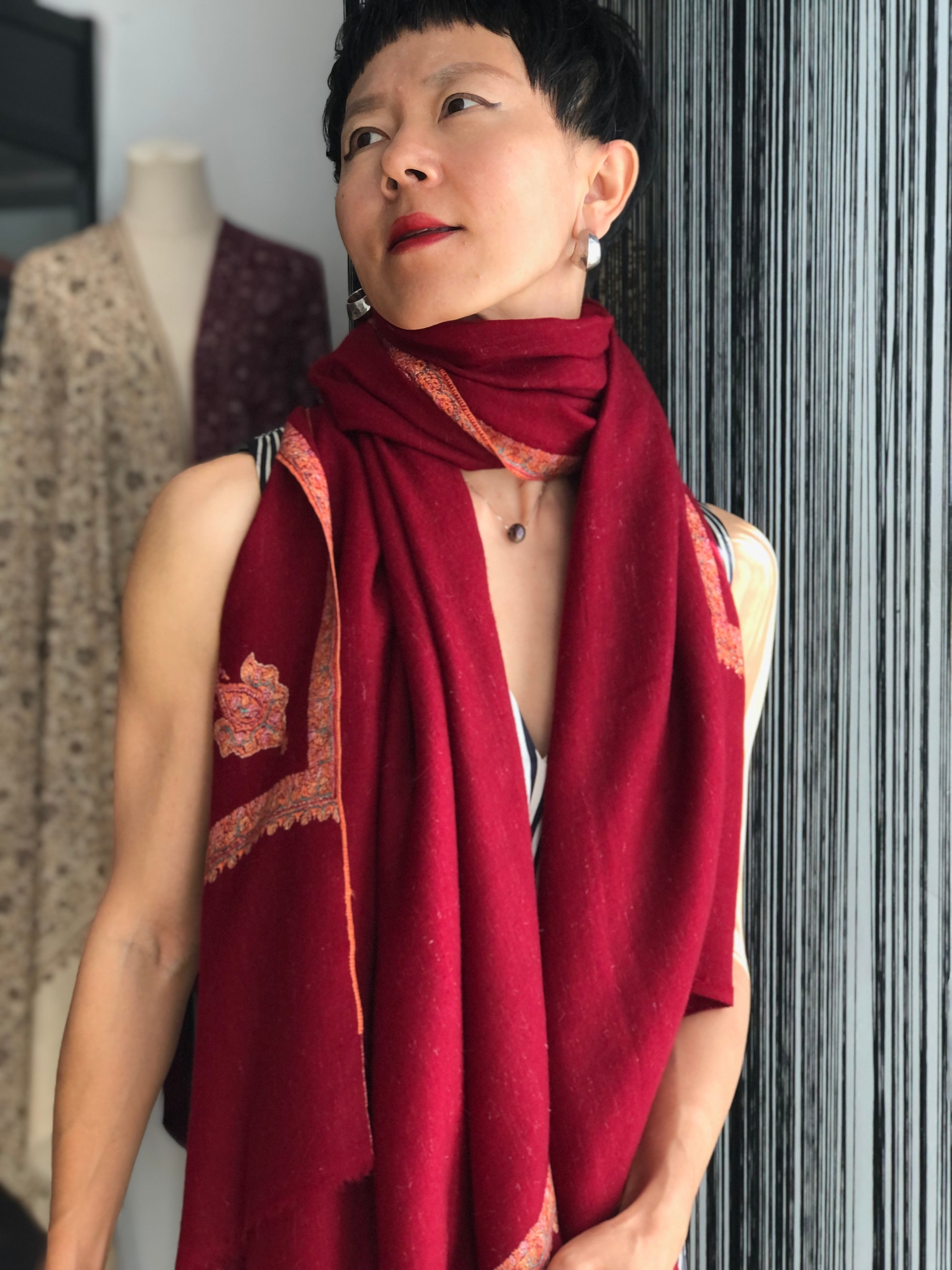 Vintage Maroon Hashia Embroidery Pashmina Shawl