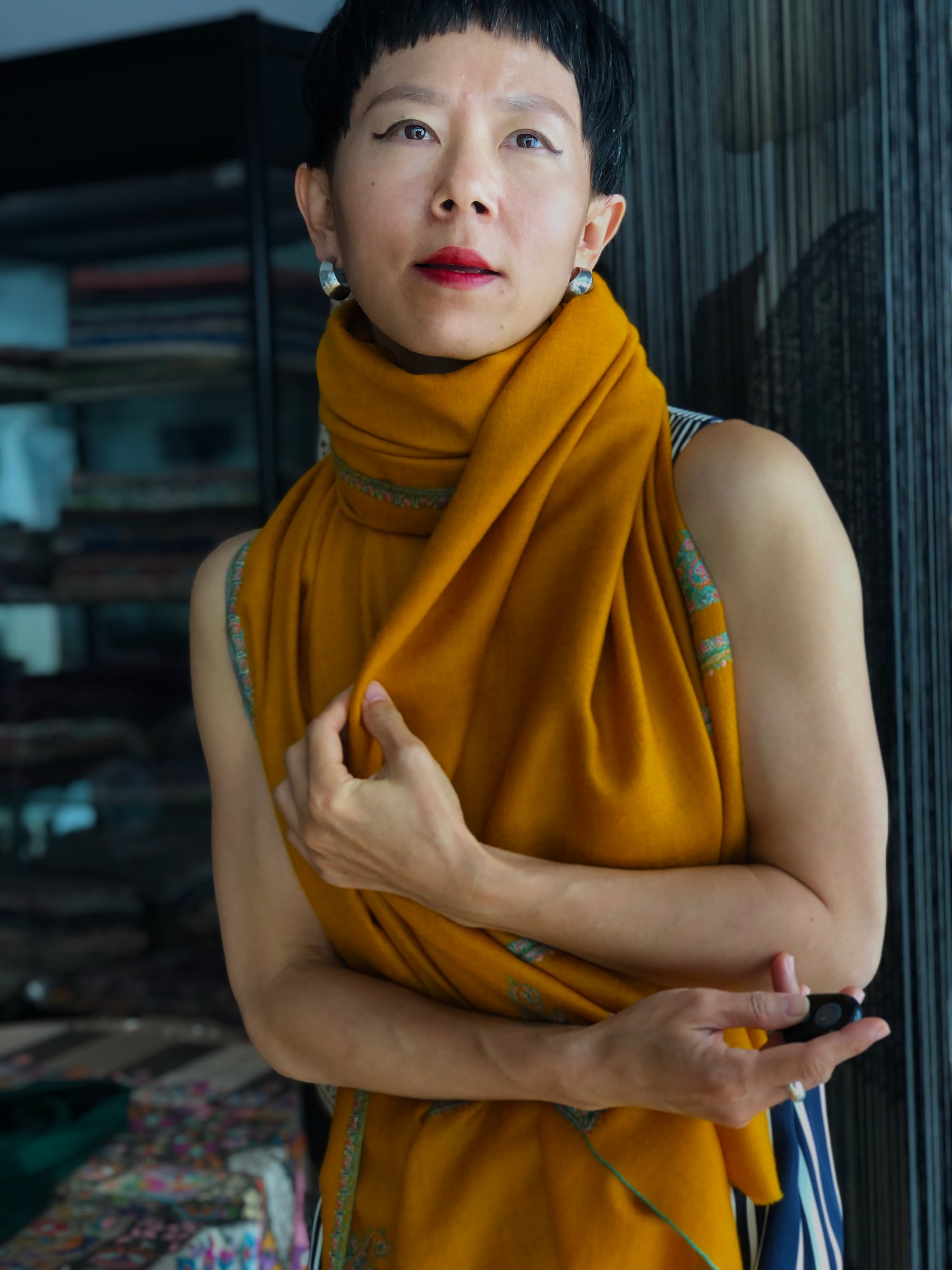 Vintage Mustard Silk Embroidery Pashmina Shawl