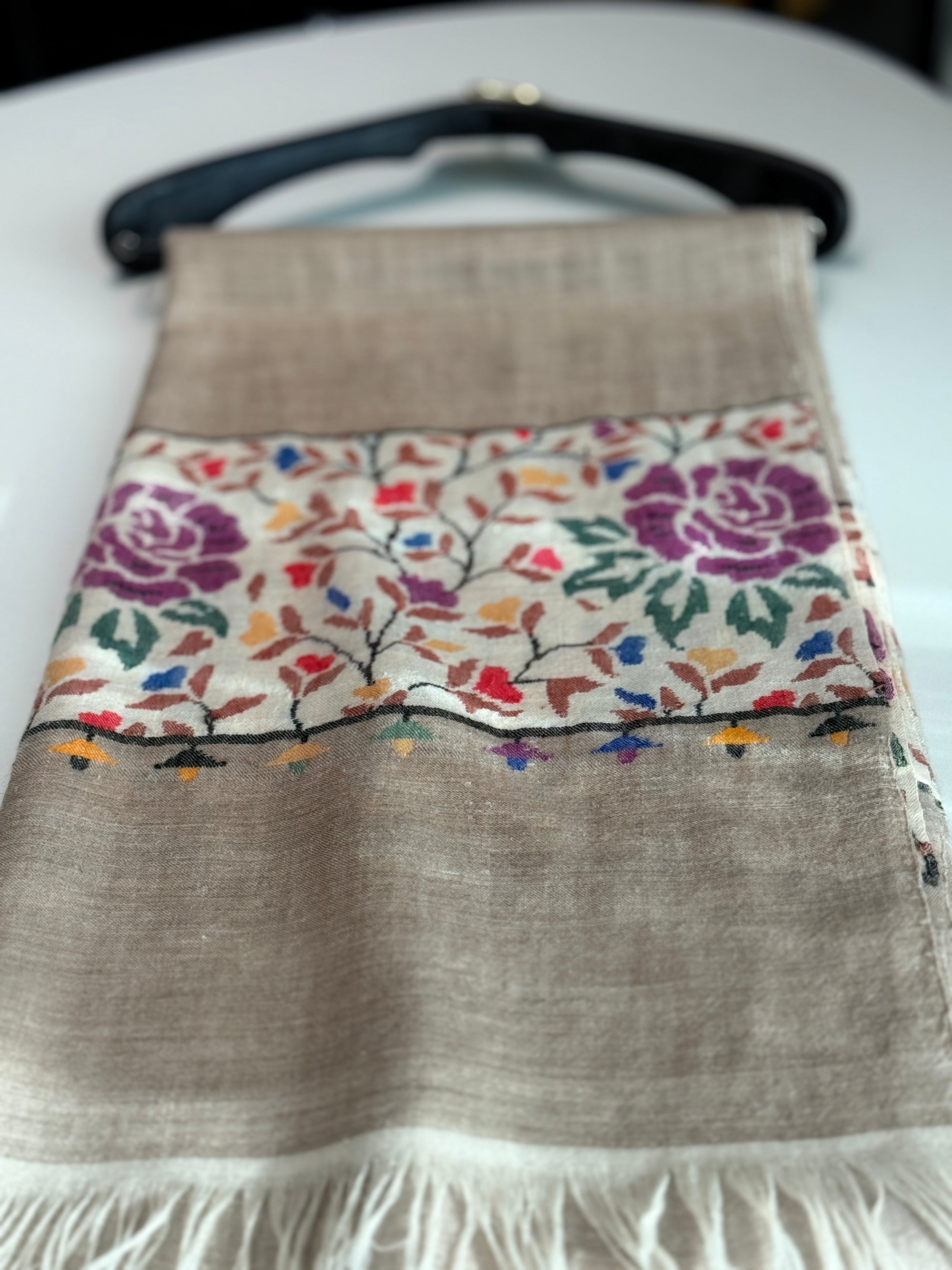 Châle Kani Pashmina beige à motif floral, 3 mètres