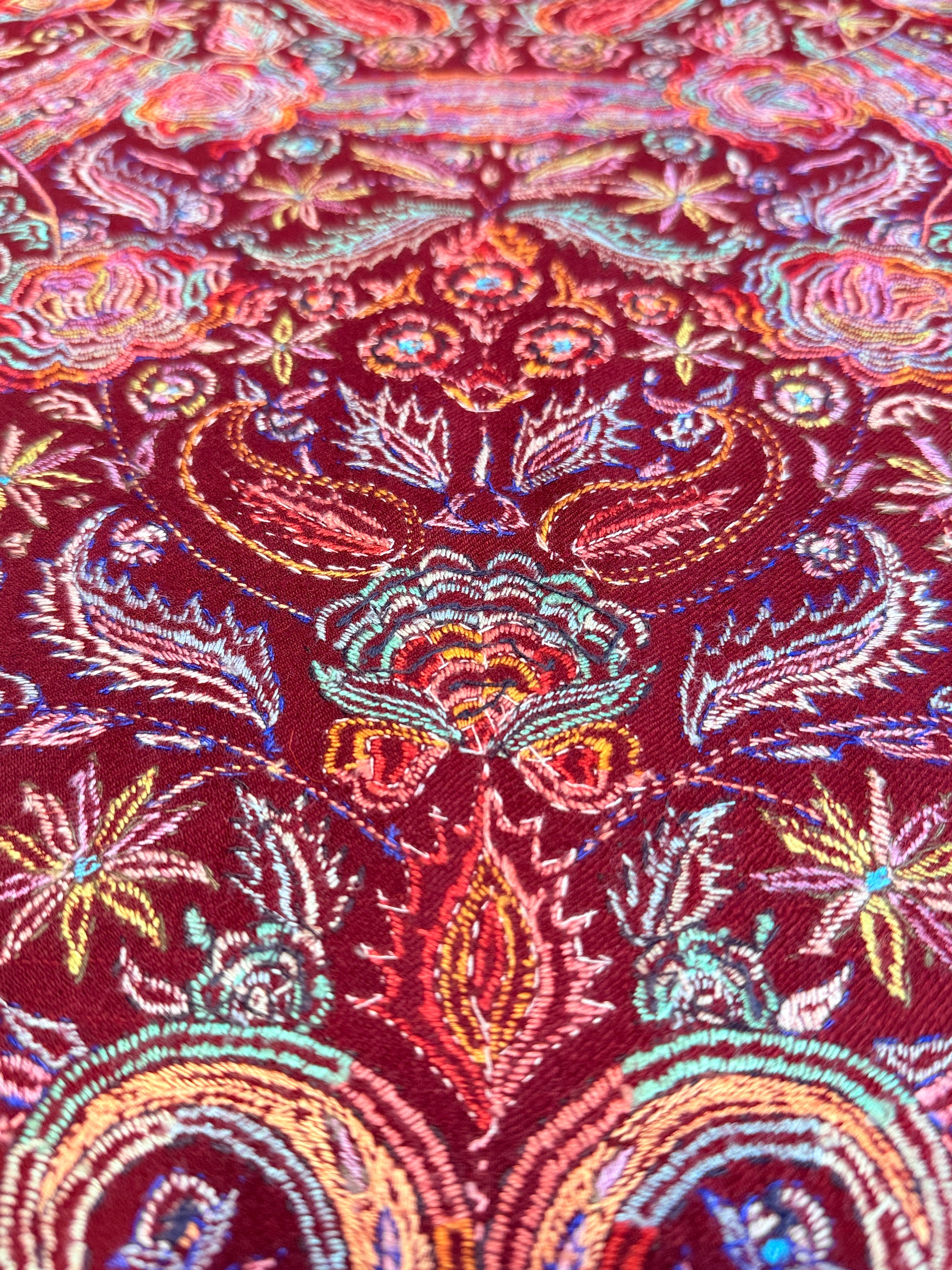 Maroon Dancing Almond Sozni Jamawar Embroidery Pashmina Shawl