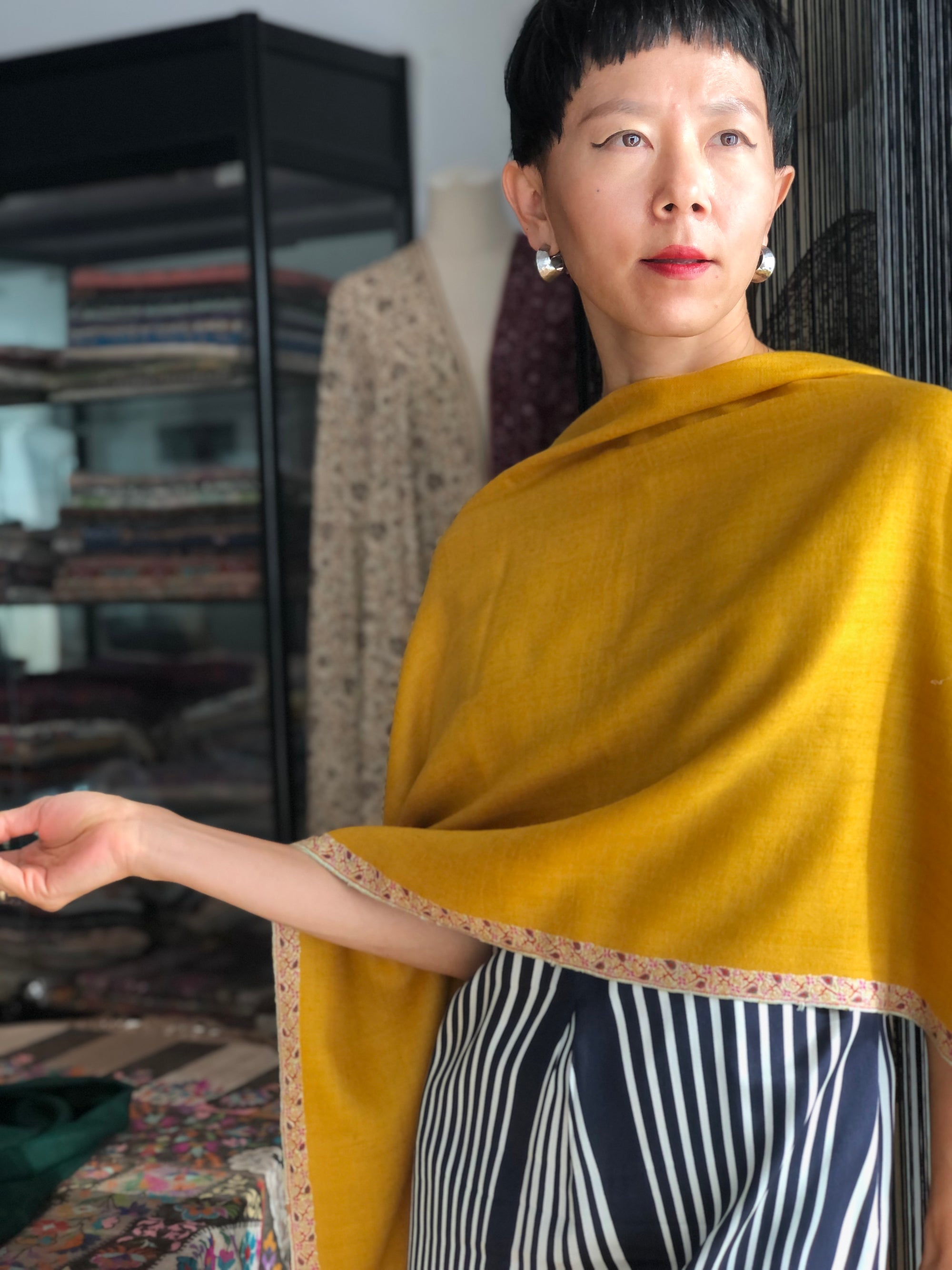 Vintage Yellow Silk Embroidery Pashmina Shawl