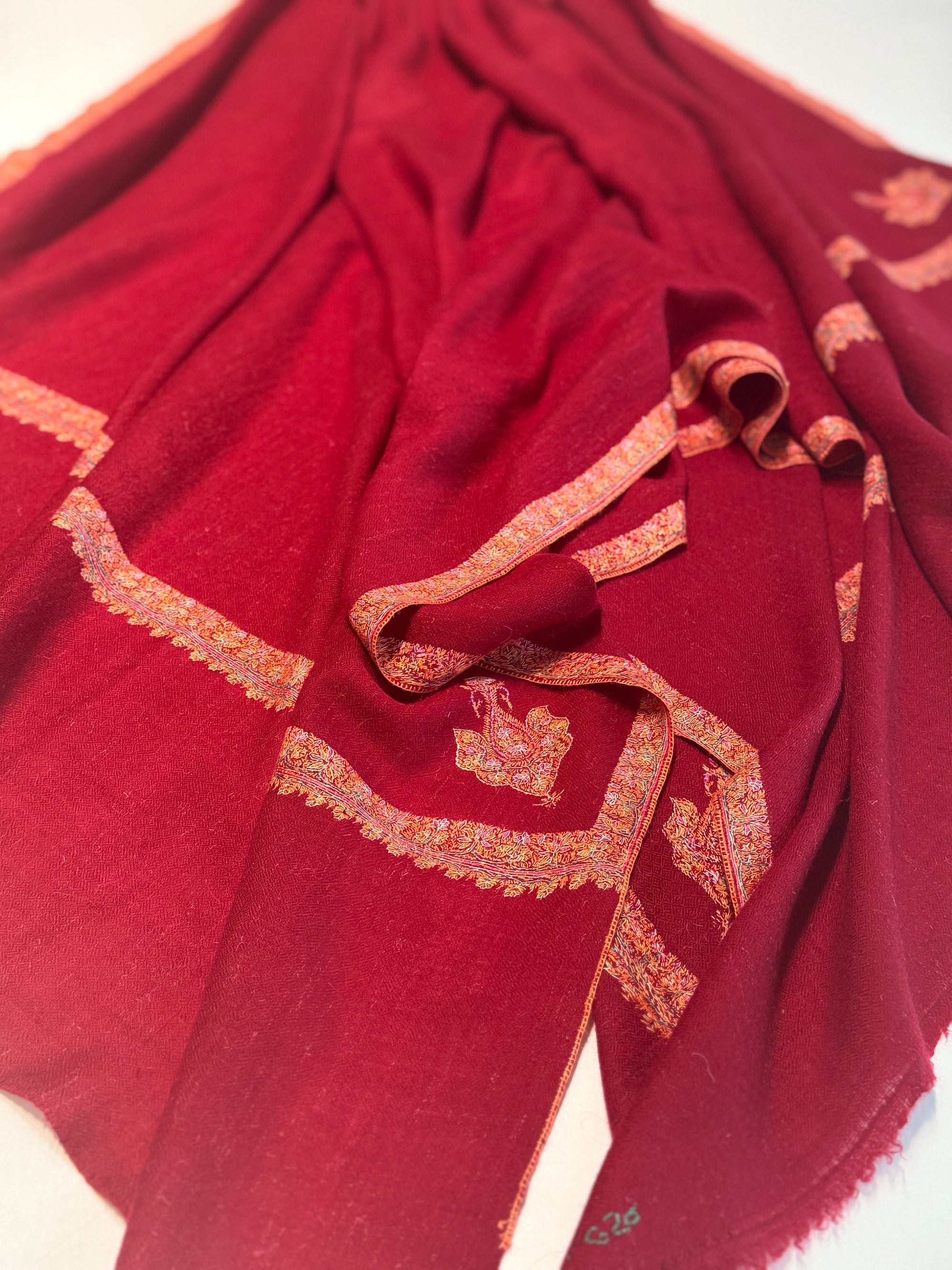 Vintage Maroon Hashia Embroidery Pashmina Shawl