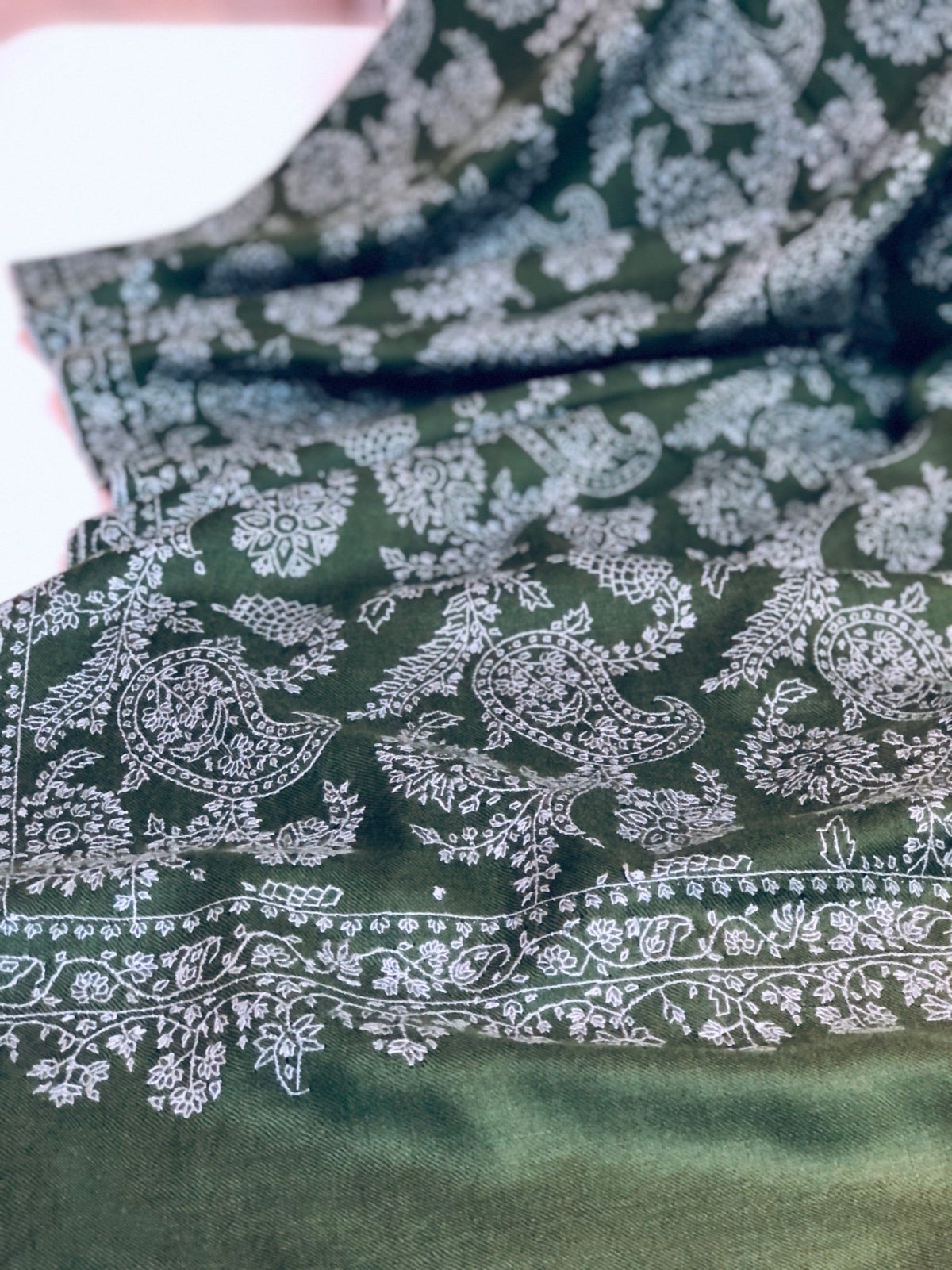 Emerald Green Paisley Embroidery Pashmina Shawl Image 1