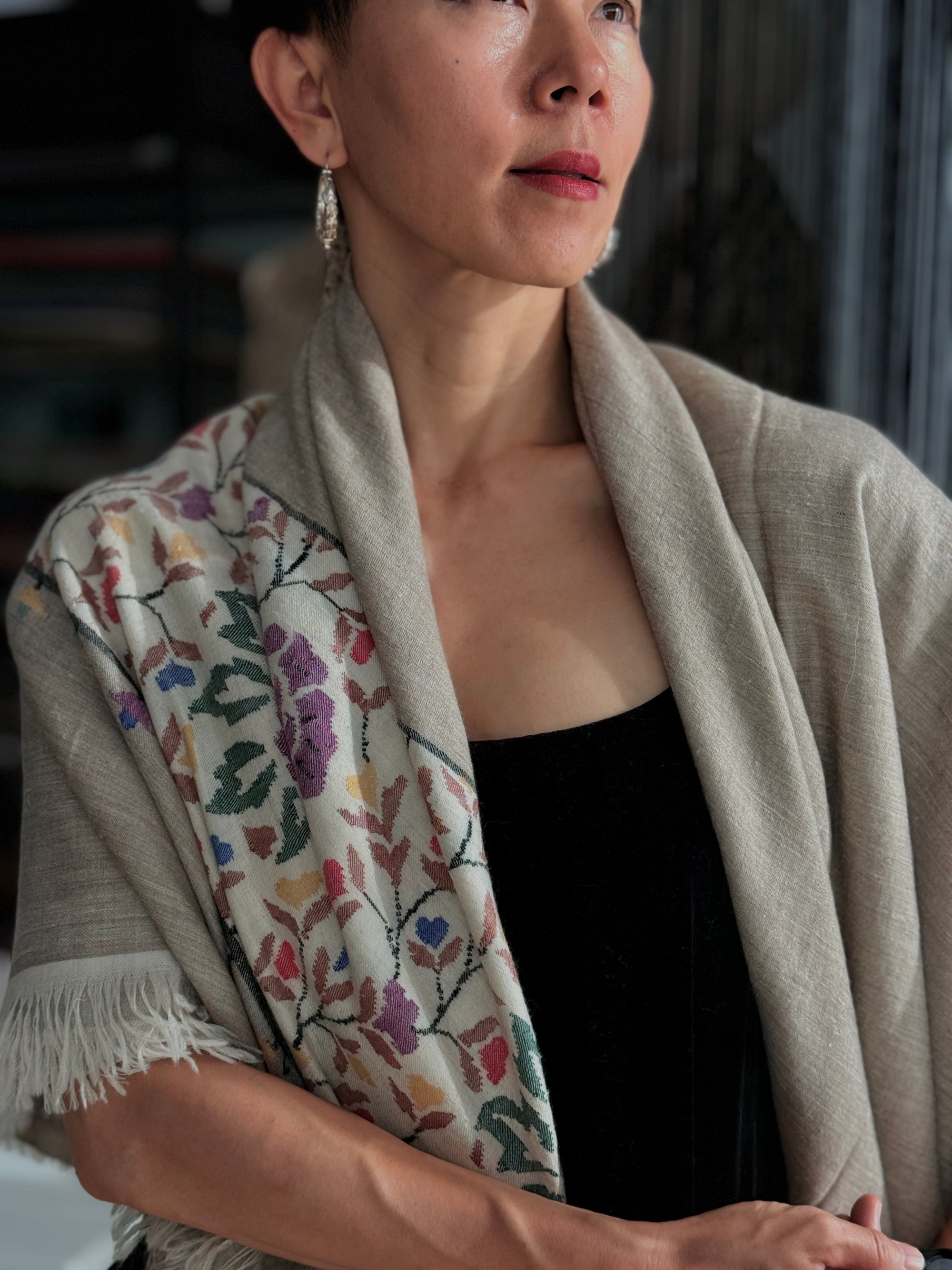 Châle Kani Pashmina beige à motif floral, 3 mètres