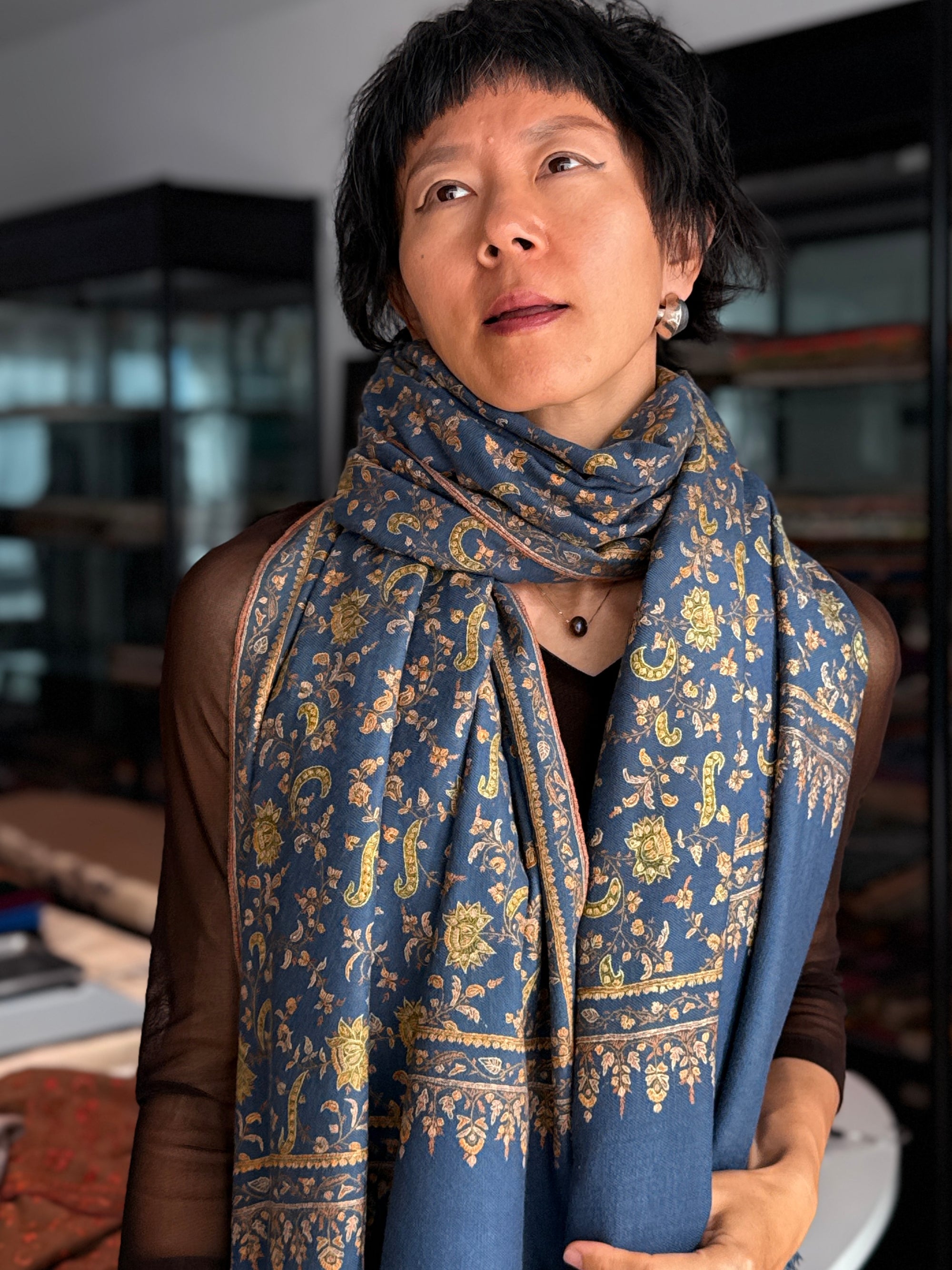 Vintage Foggy Blue Paisley Pashmina Shawl