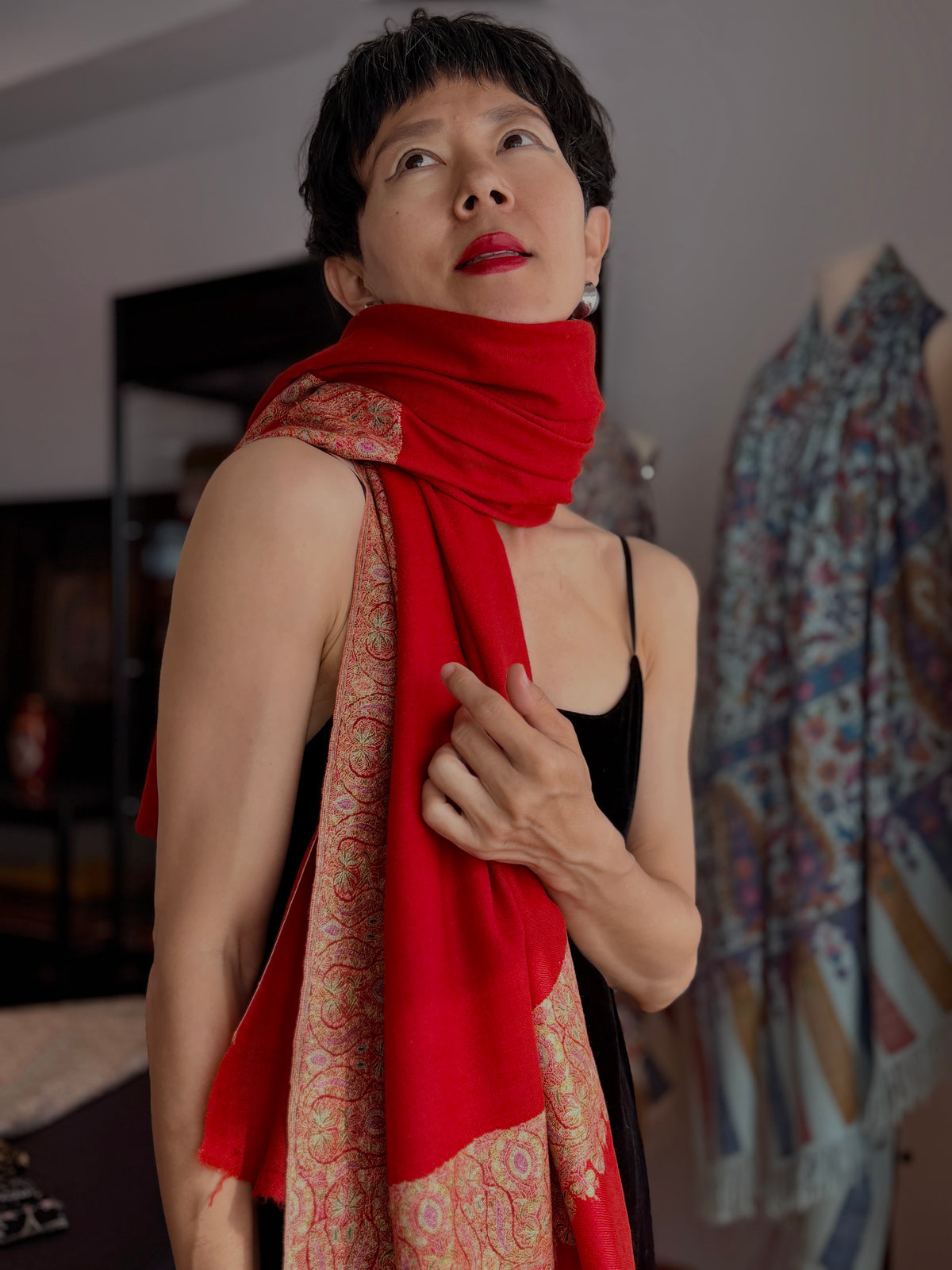Peach Red Dhoor Embroidery Pashmina Shawl