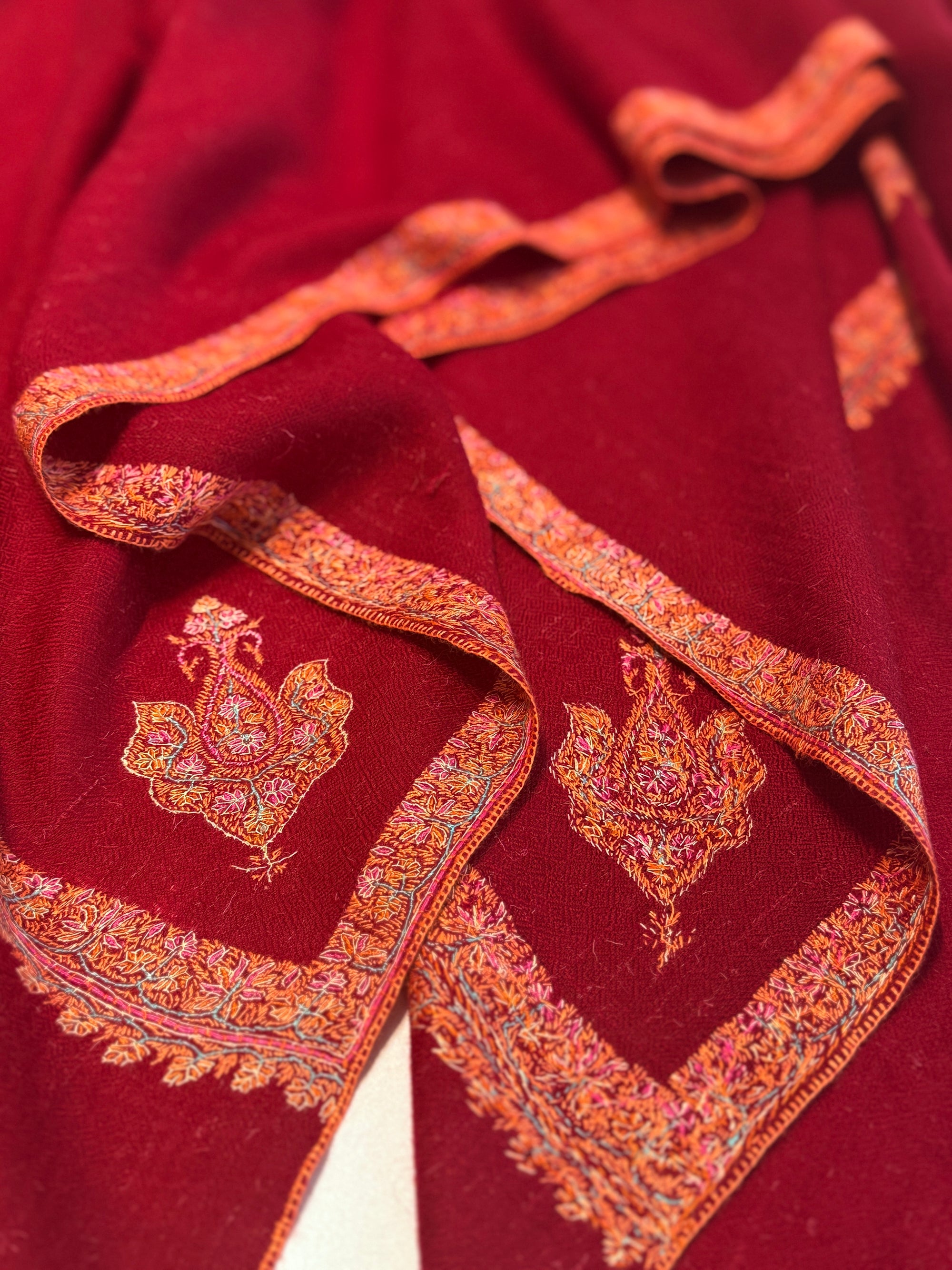 Vintage Maroon Hashia Embroidery Pashmina Shawl