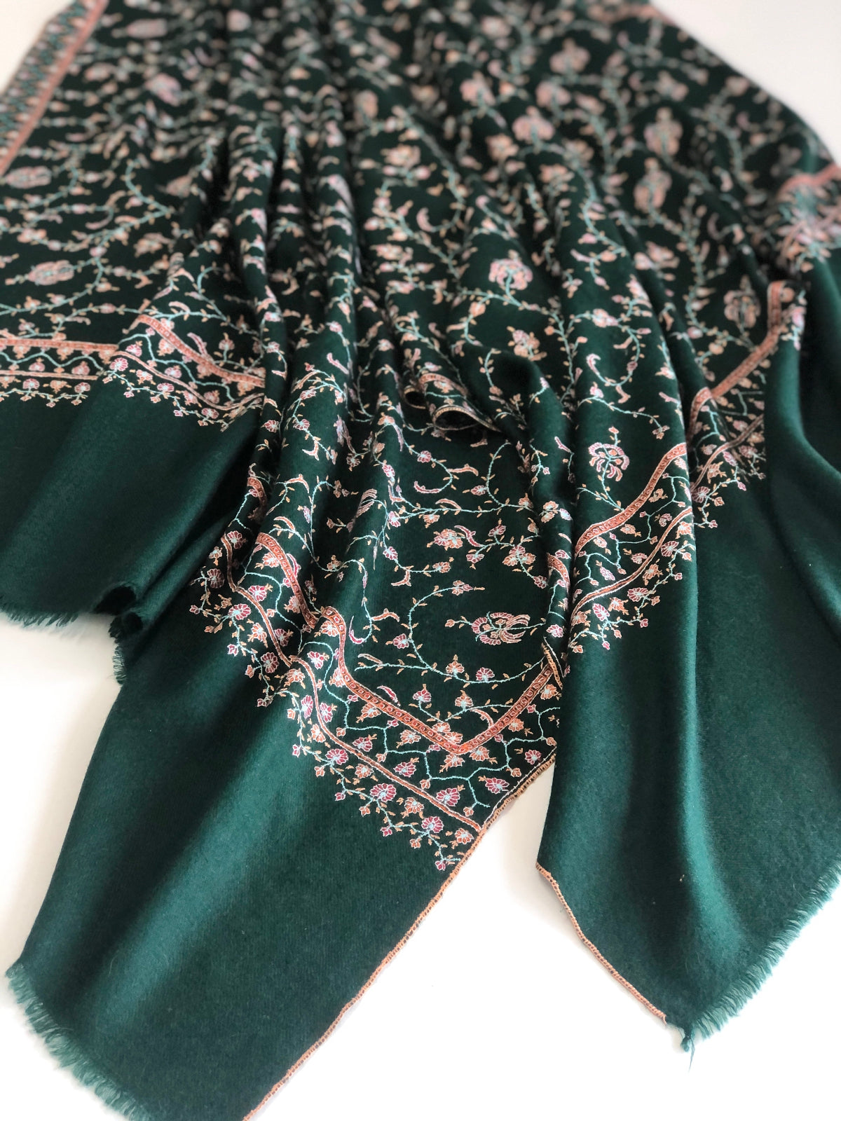 Emerald Green Buti Jaal Embroidery Pashmina Shawl 9