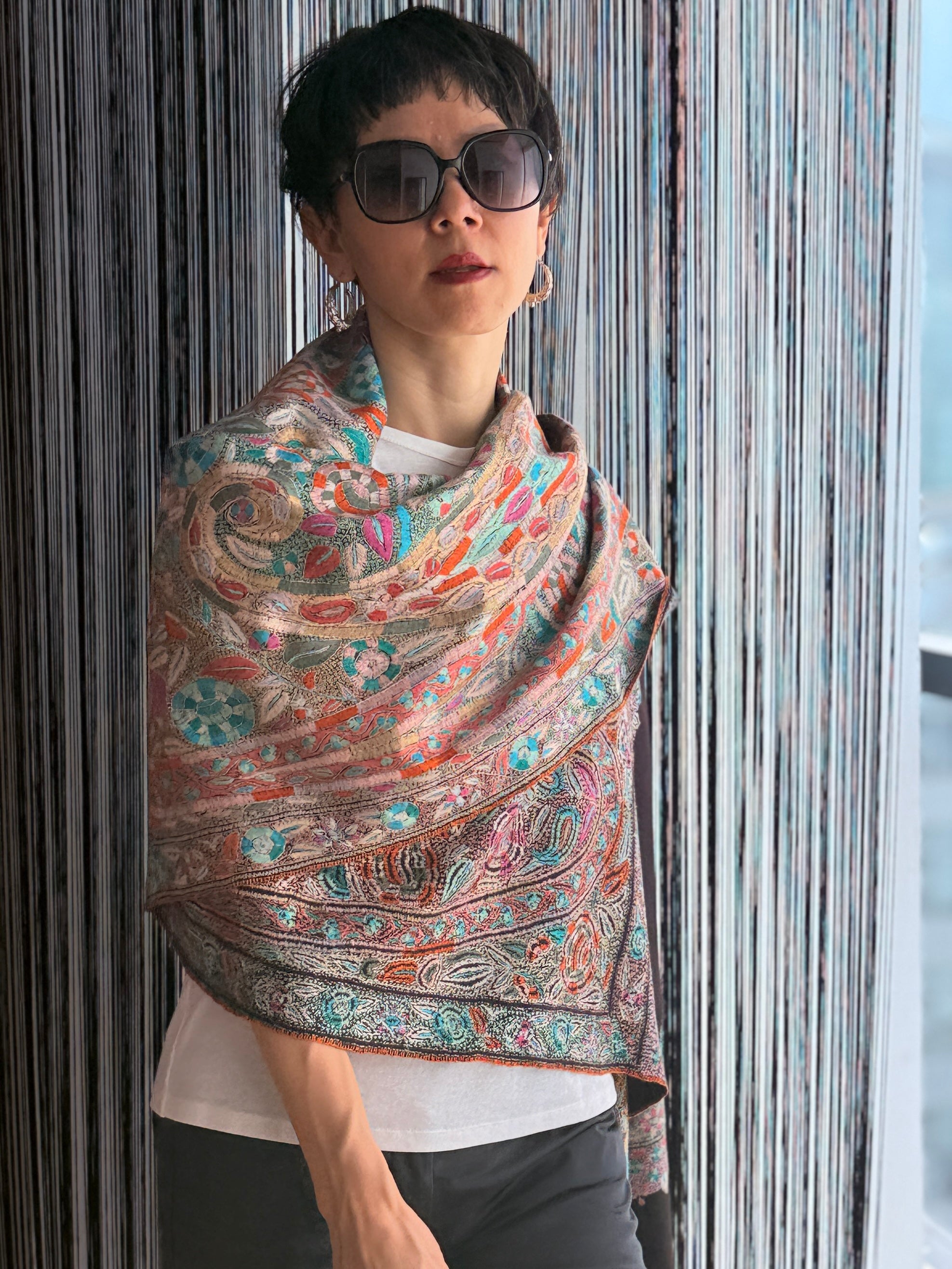 Black Dancing Almond Sozni Jamawar Embroidery Pashmina Shawl