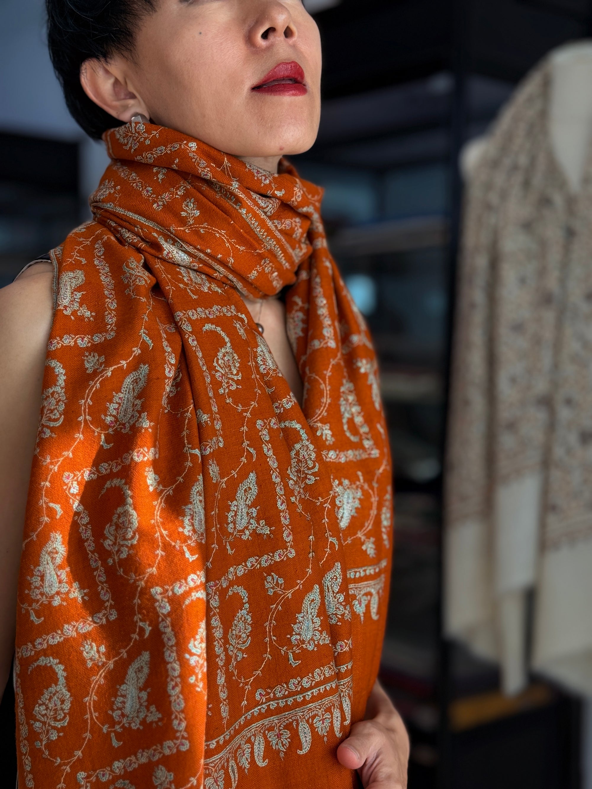 Vintage Heirloom Orange Silk Embroidery Pashmina Shawl with Exquisite Paisley Designs