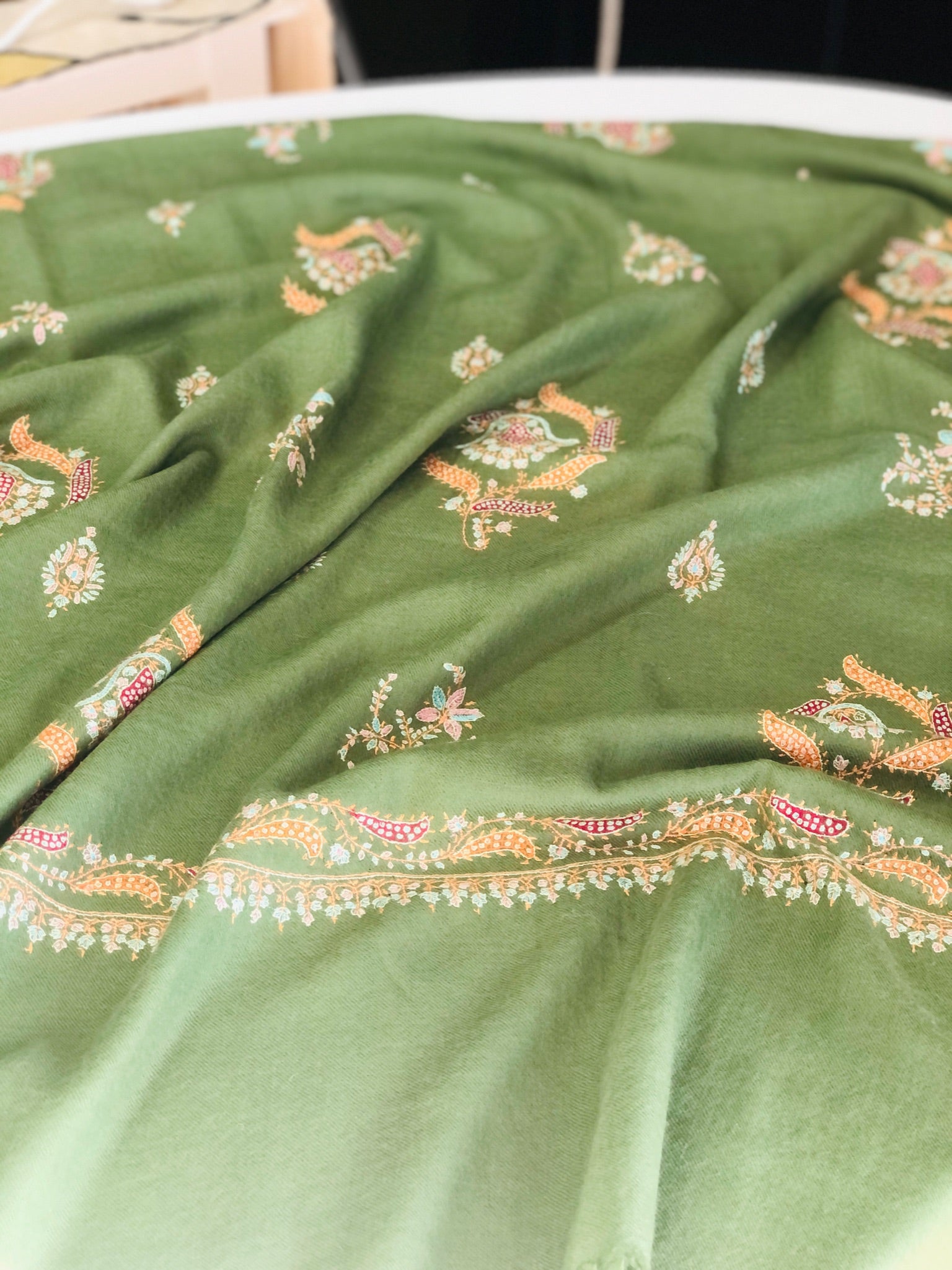 Jade Green Floral Butidar Embroidery Pashmina Shawl