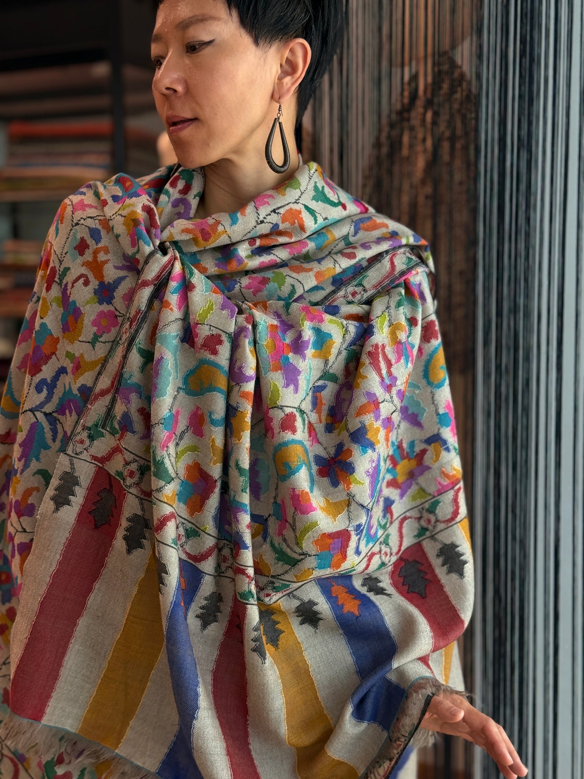 3 Yard Offwhite Floral Design Kani Pashmina Shawl