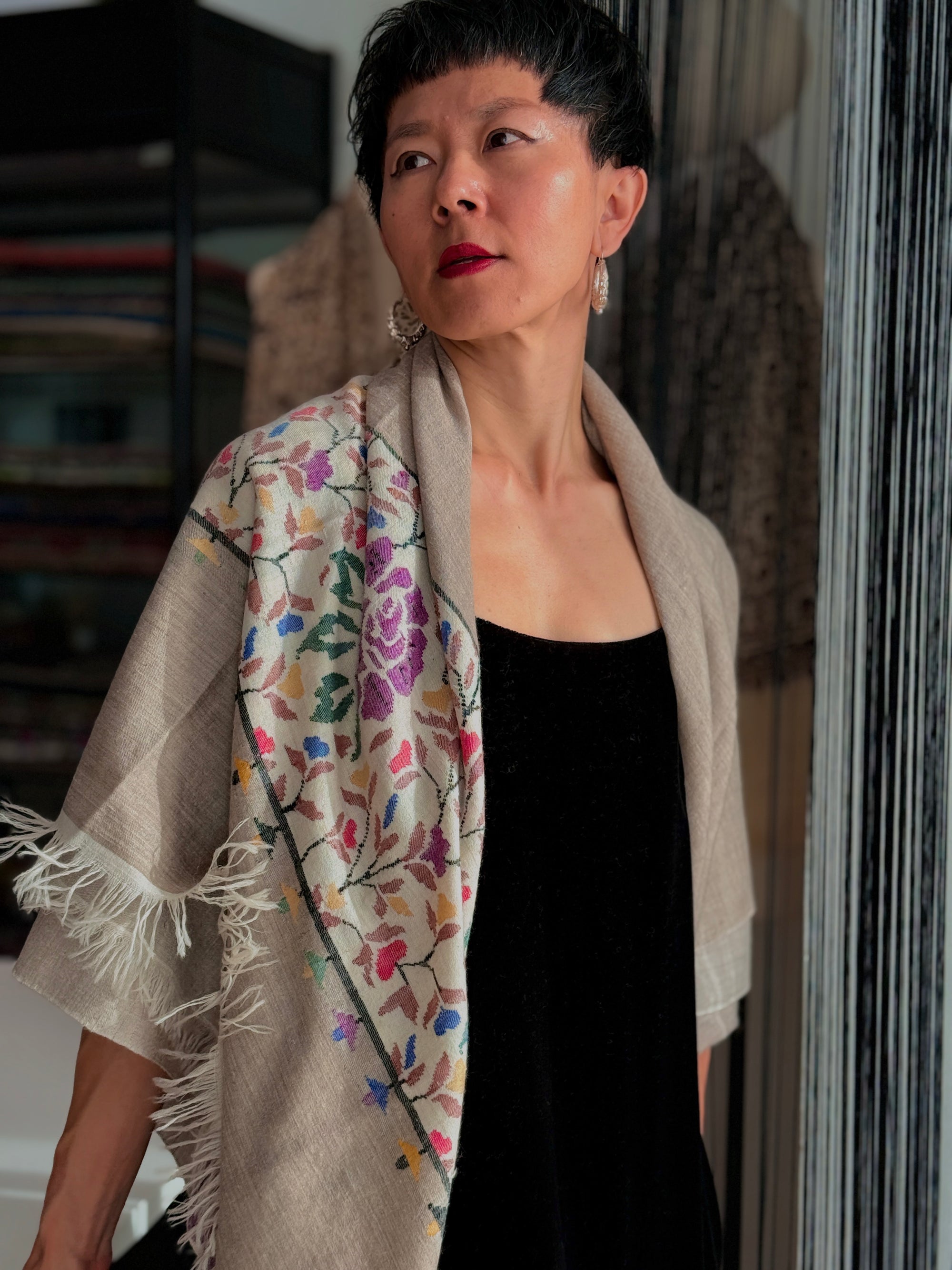 Châle Kani Pashmina beige à motif floral, 3 mètres