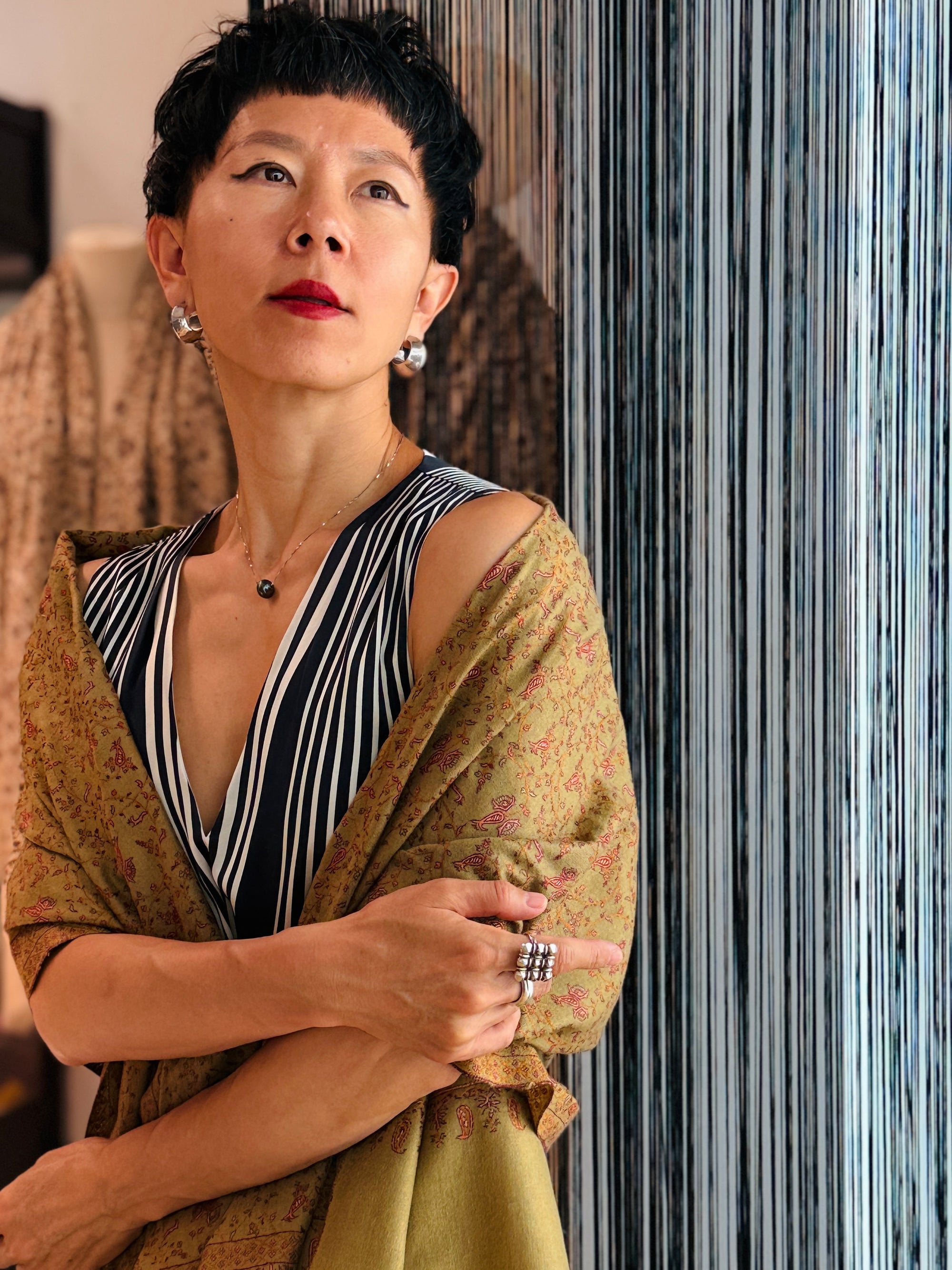 Vintage Golden Silk Embroidery Pashmina Shawl