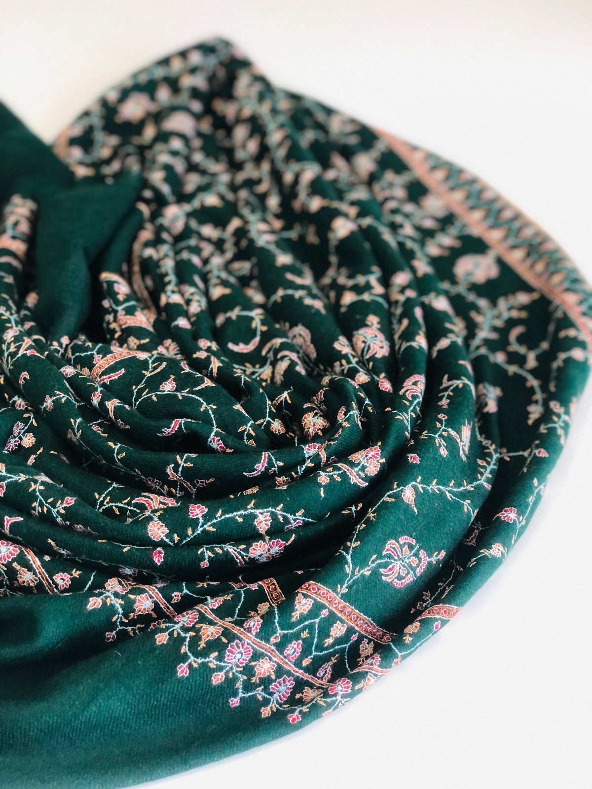 Emerald Green Buti Jaal Embroidery Pashmina Shawl 10