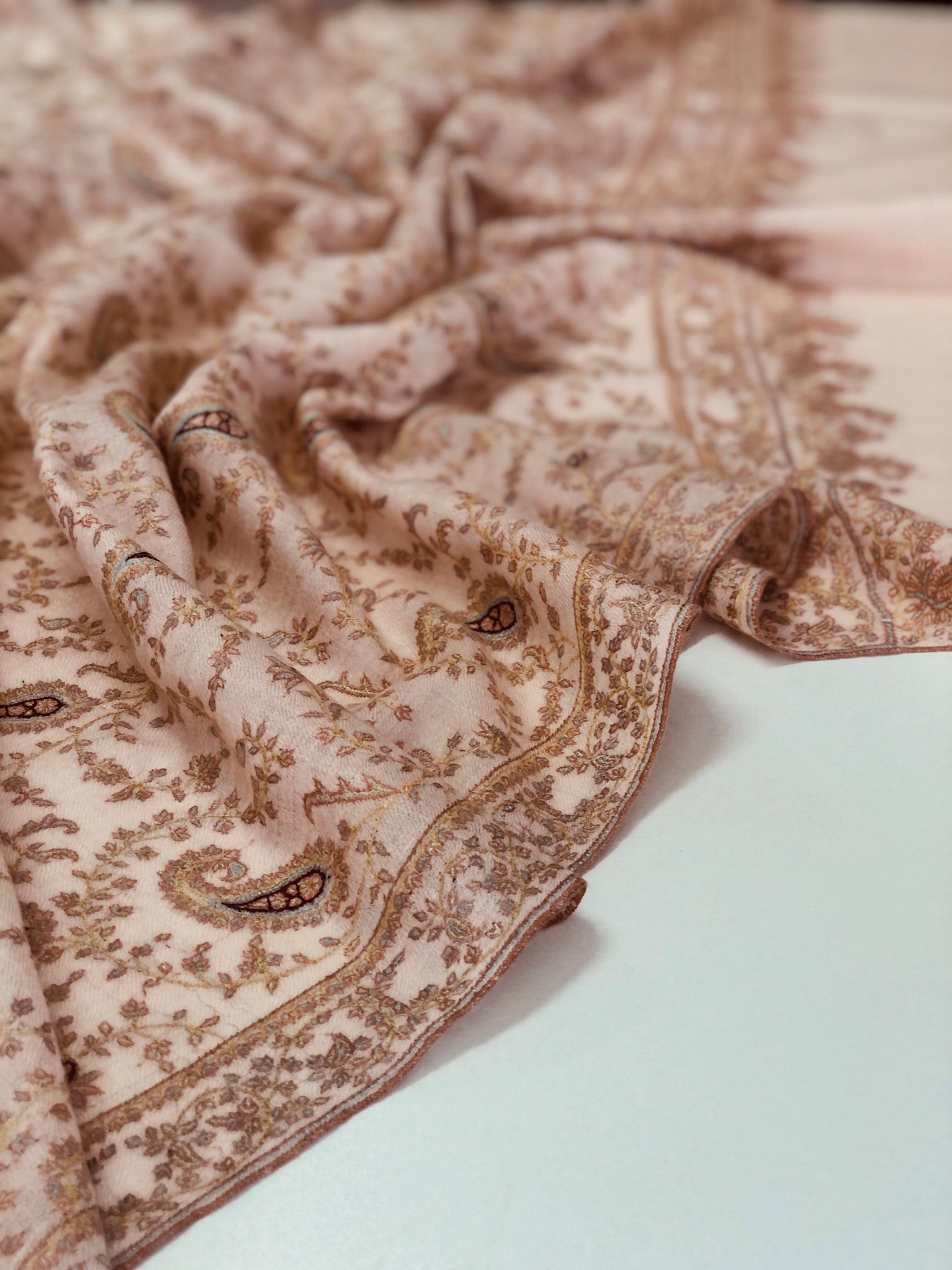 Baby Pink Paisley Design Butidar Embroidery Pashmina Shawl