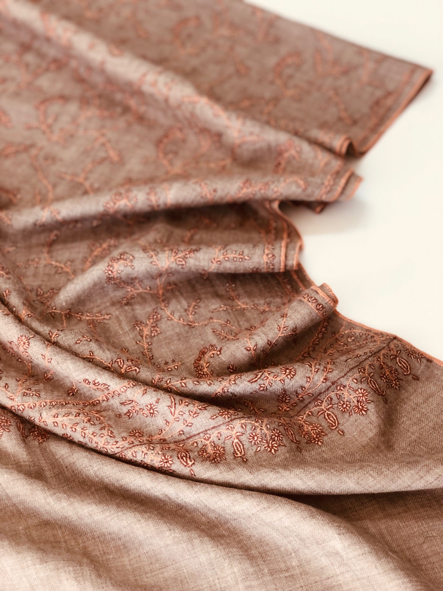 Dark Camel Paisley Design Embroidery Pashmina Scarf