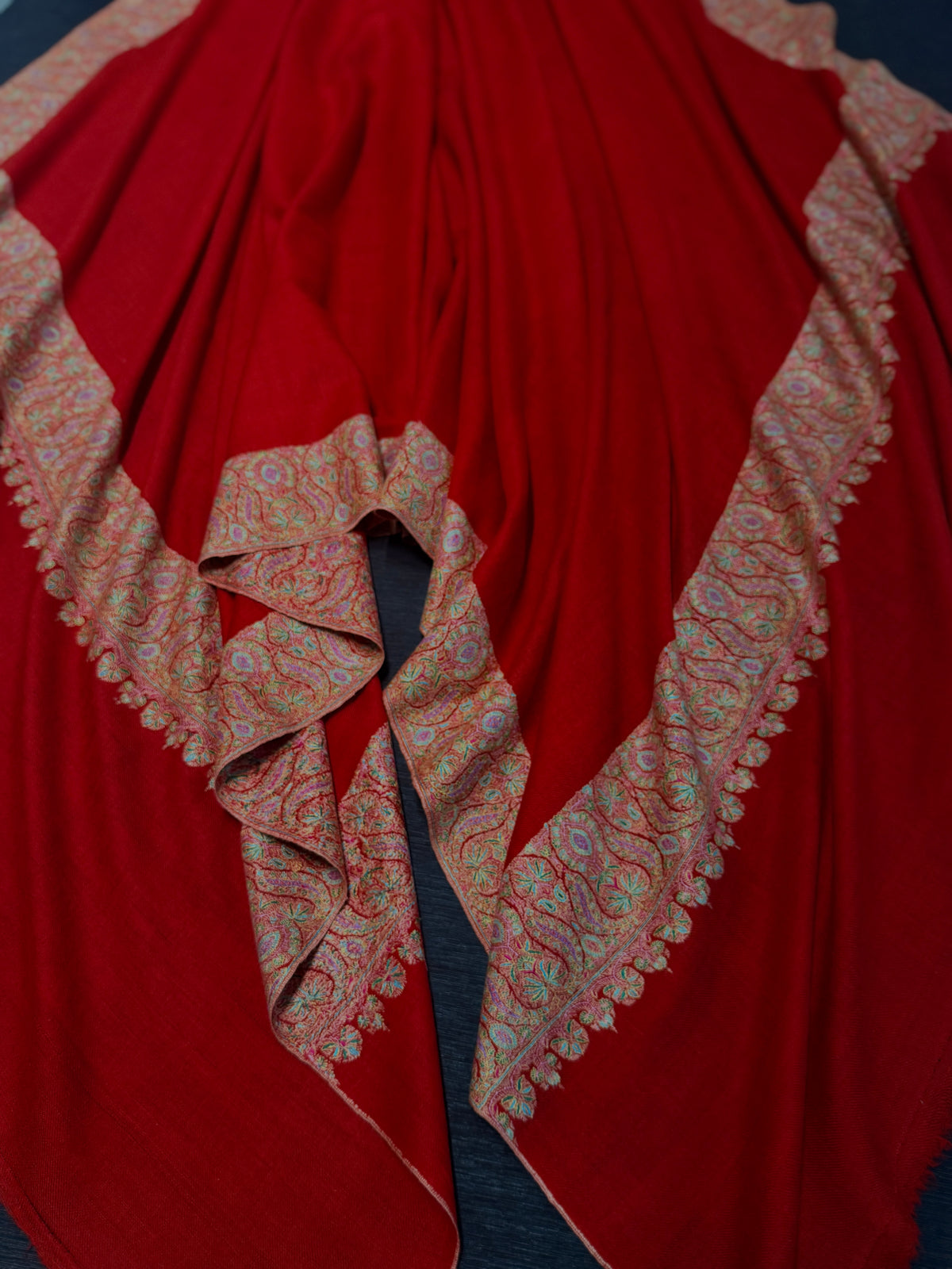 Peach Red Dhoor Embroidery Pashmina Shawl