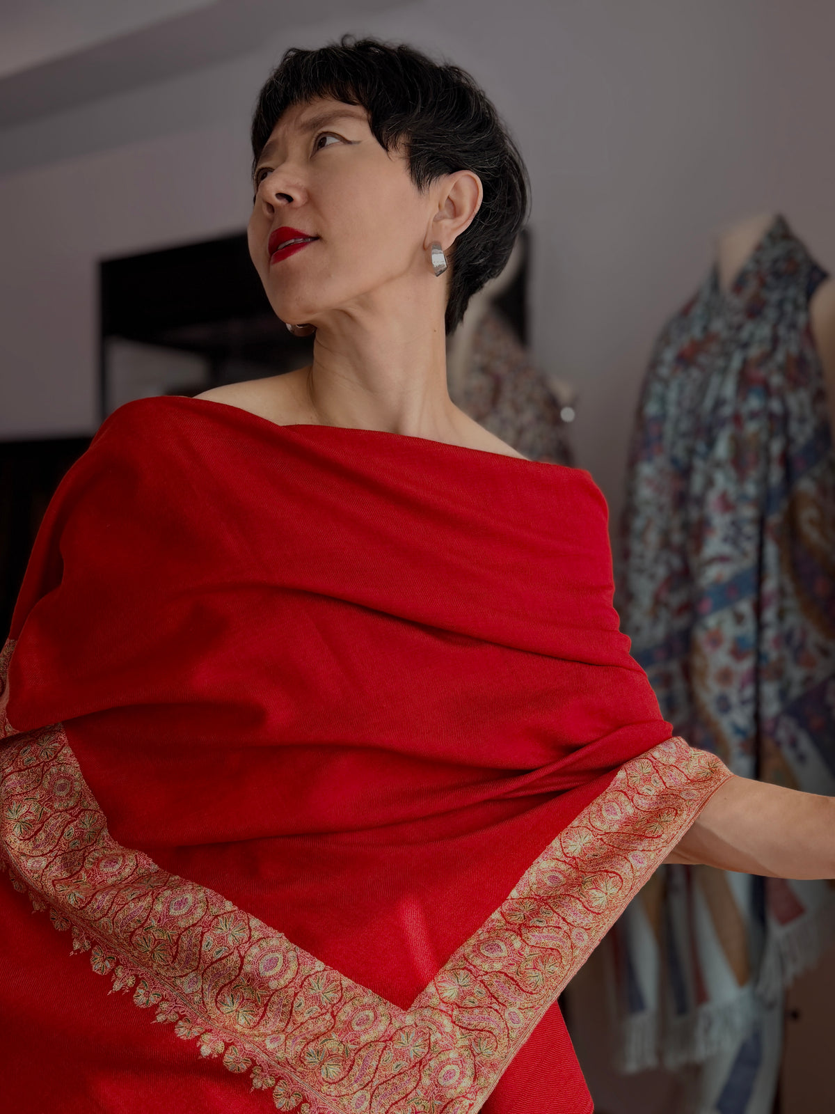 Peach Red Dhoor Embroidery Pashmina Shawl