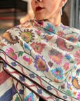 Oversized White Floral Design Kani Pashmina Shawl