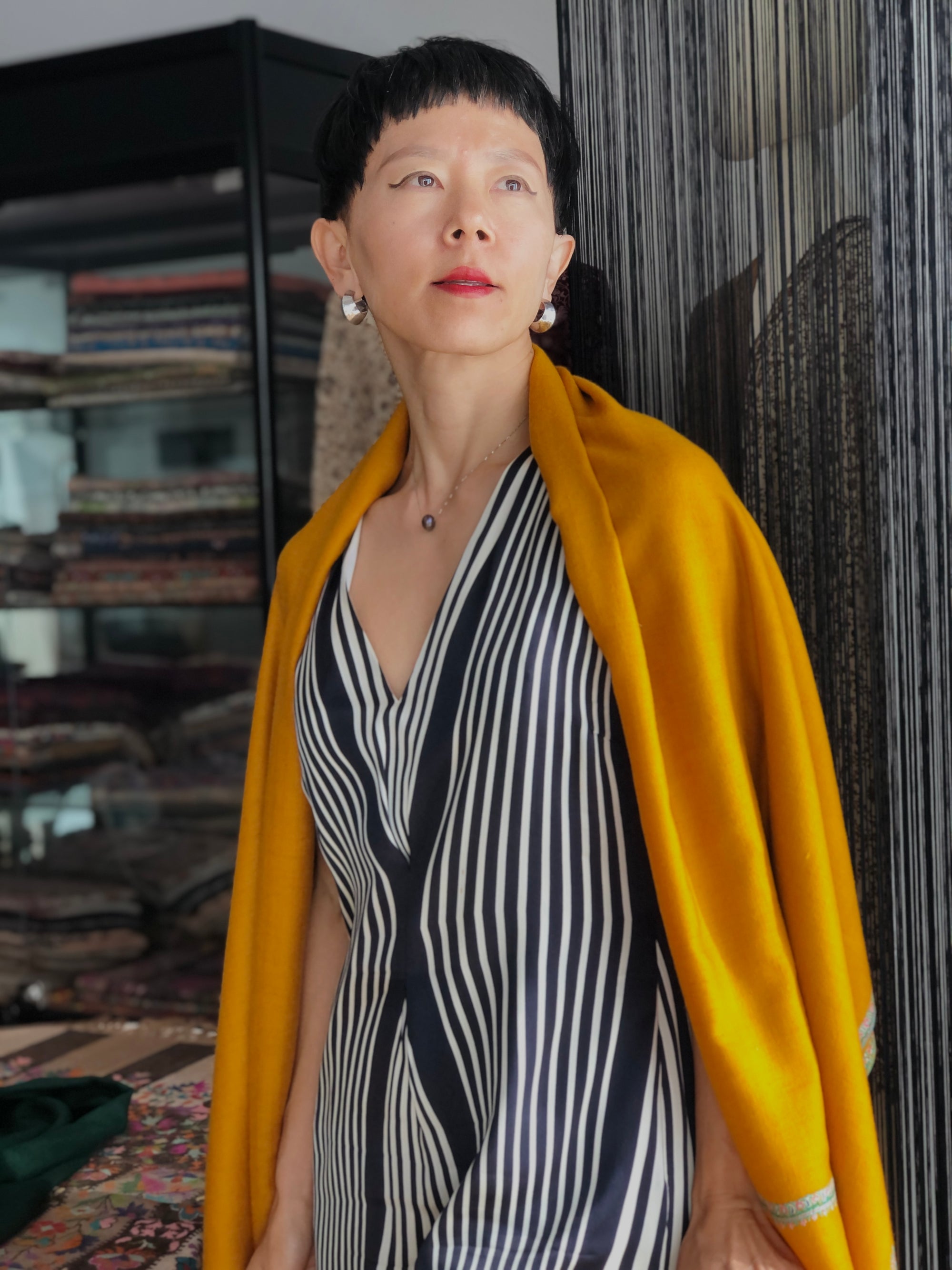 Vintage Mustard Silk Embroidery Pashmina Shawl