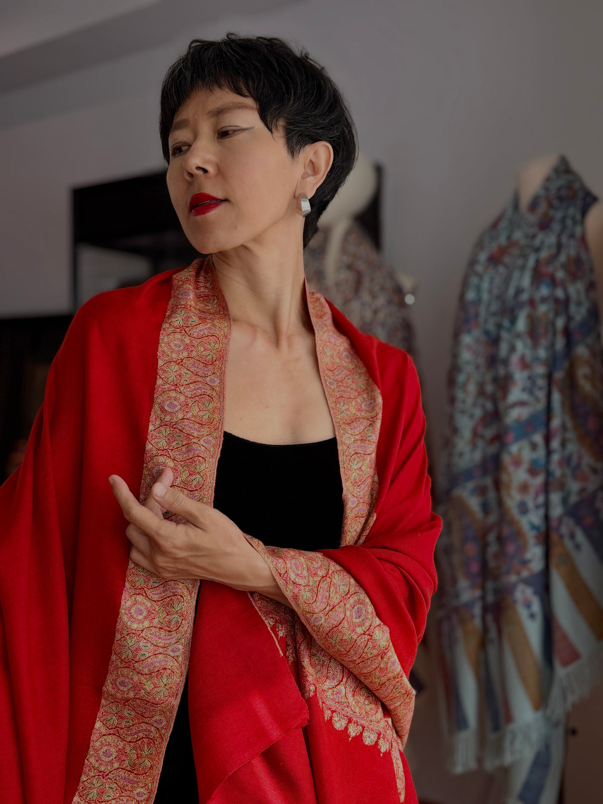 Peach Red Dhoor Embroidery Pashmina Shawl