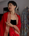 Peach Red Dhoor Embroidery Pashmina Shawl