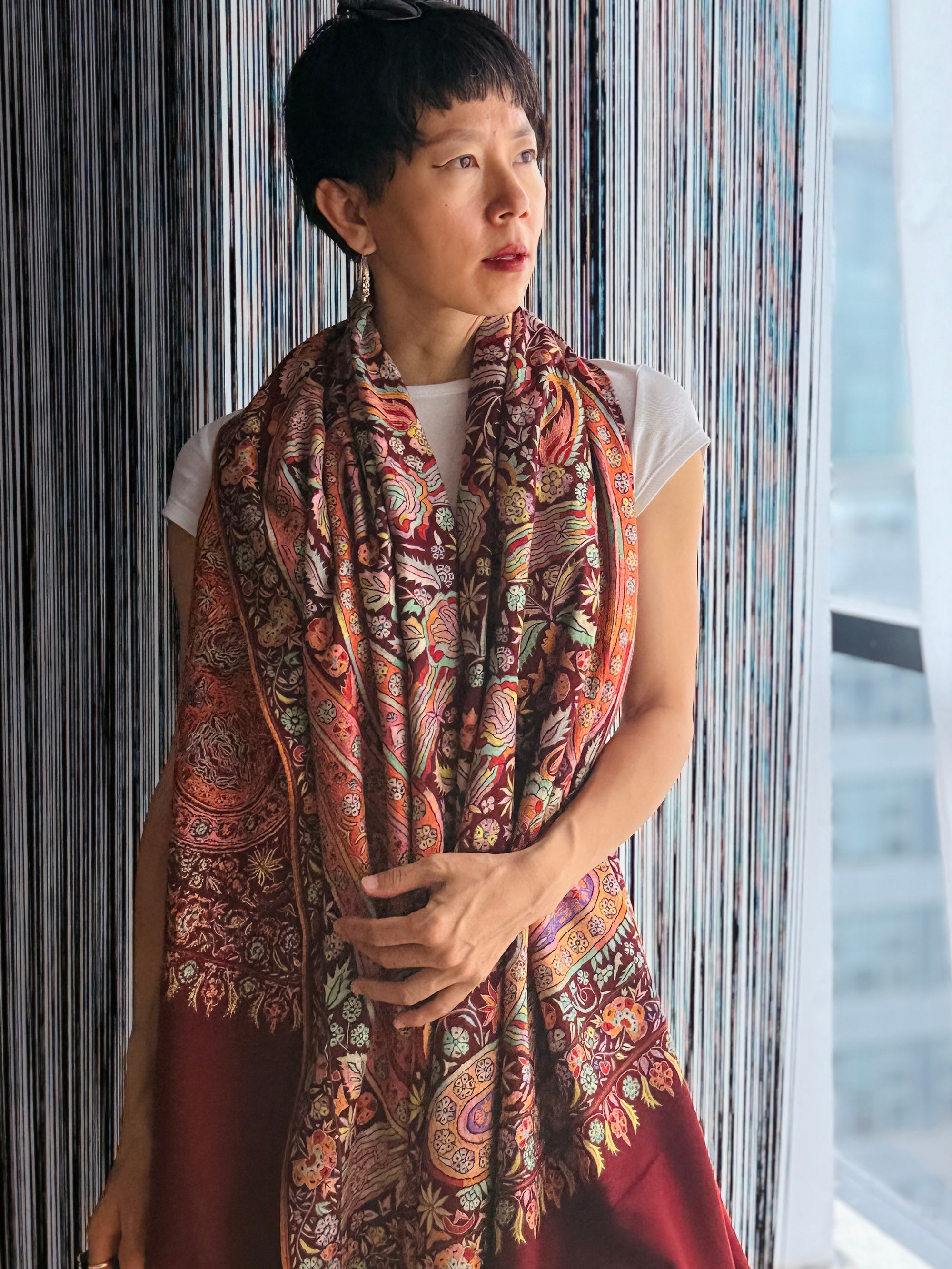 Maroon Dancing Almond Sozni Jamawar Embroidery Pashmina Shawl