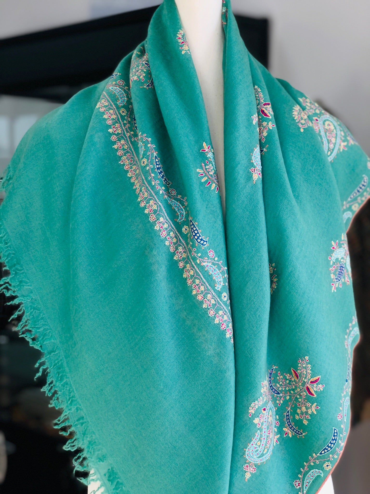 Turquoise Floral Butidar Embroidery Pashmina Shawl