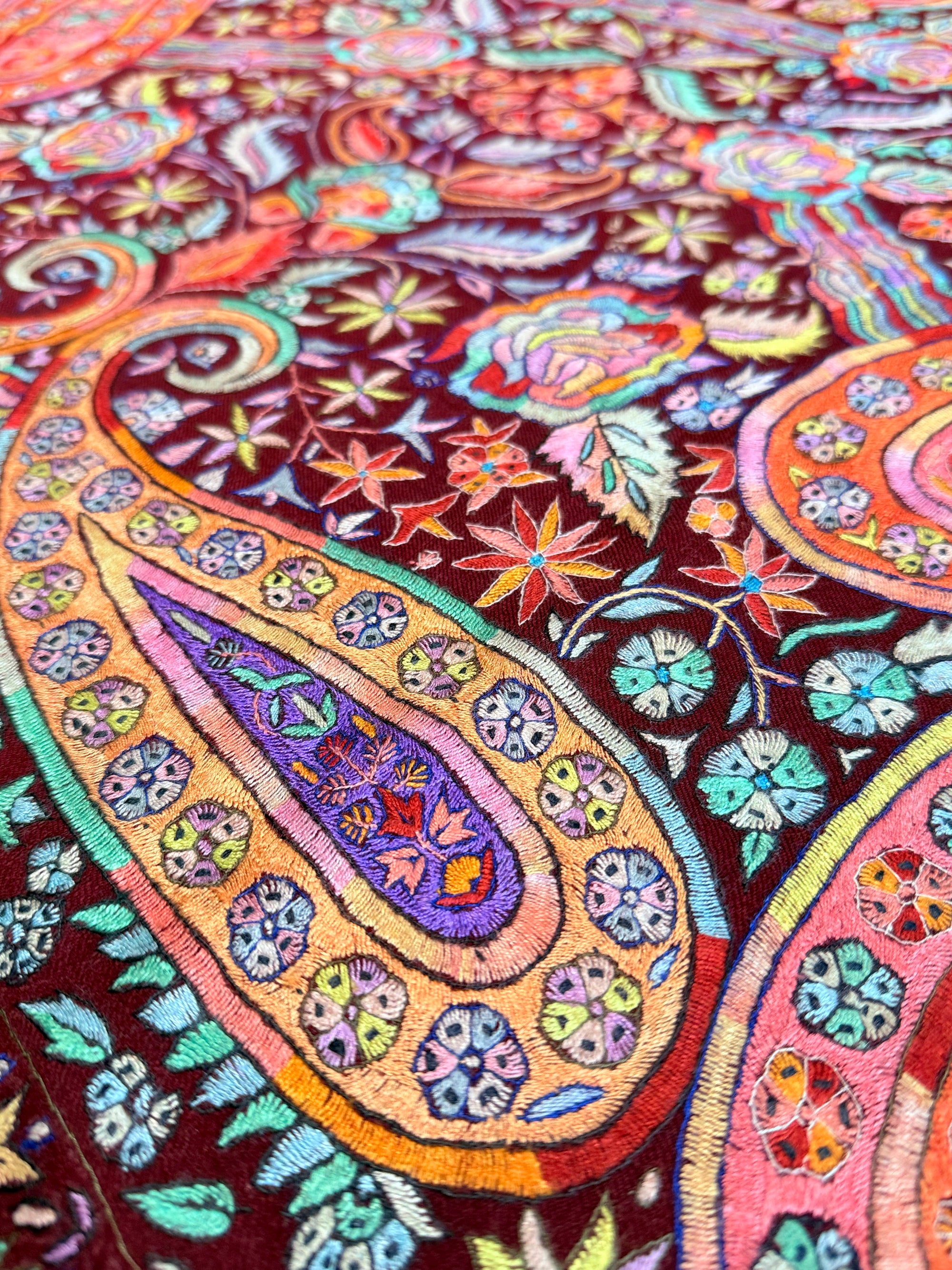 Maroon Dancing Almond Sozni Jamawar Embroidery Pashmina Shawl