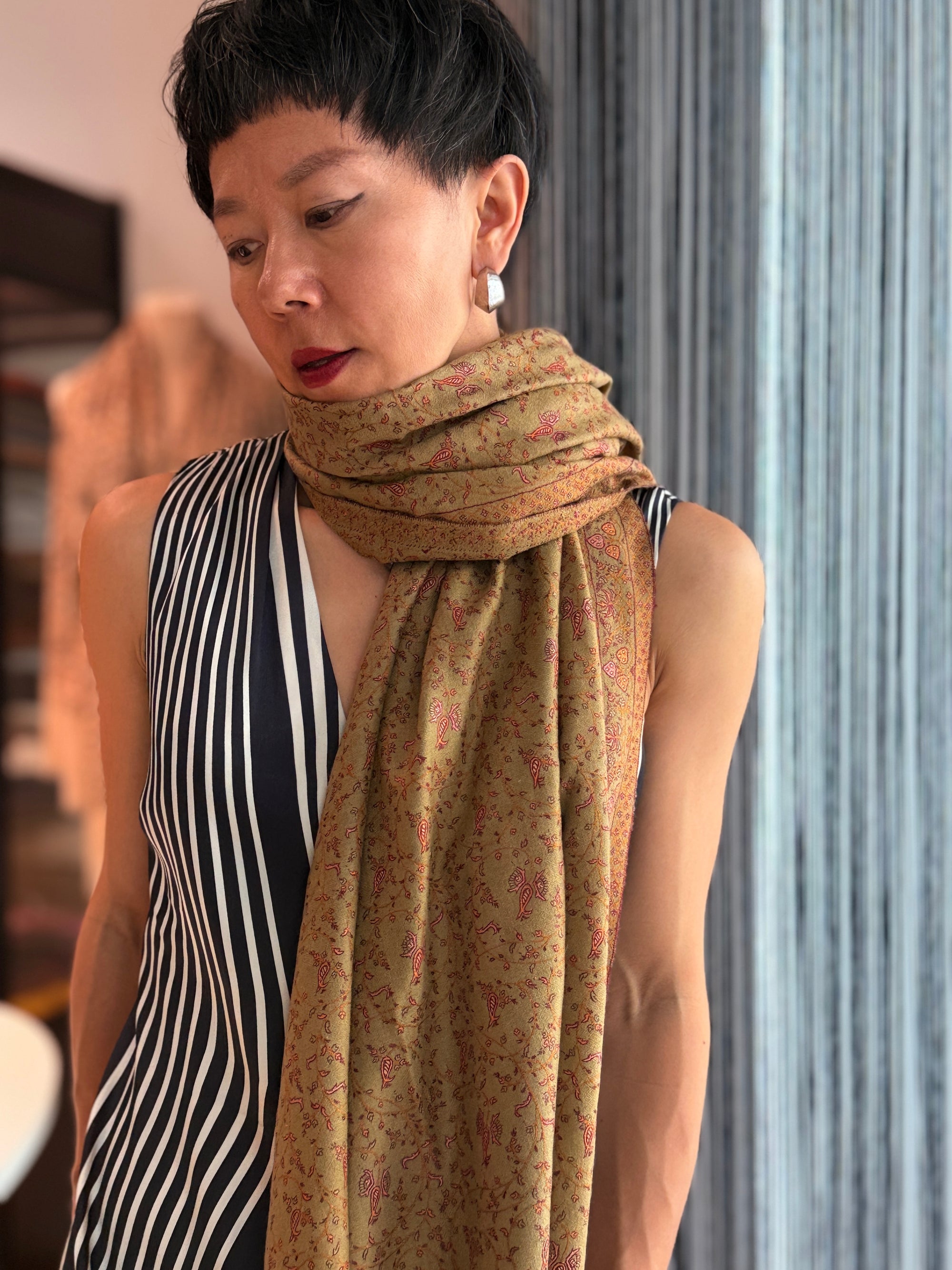 Vintage Golden Silk Embroidery Pashmina Shawl