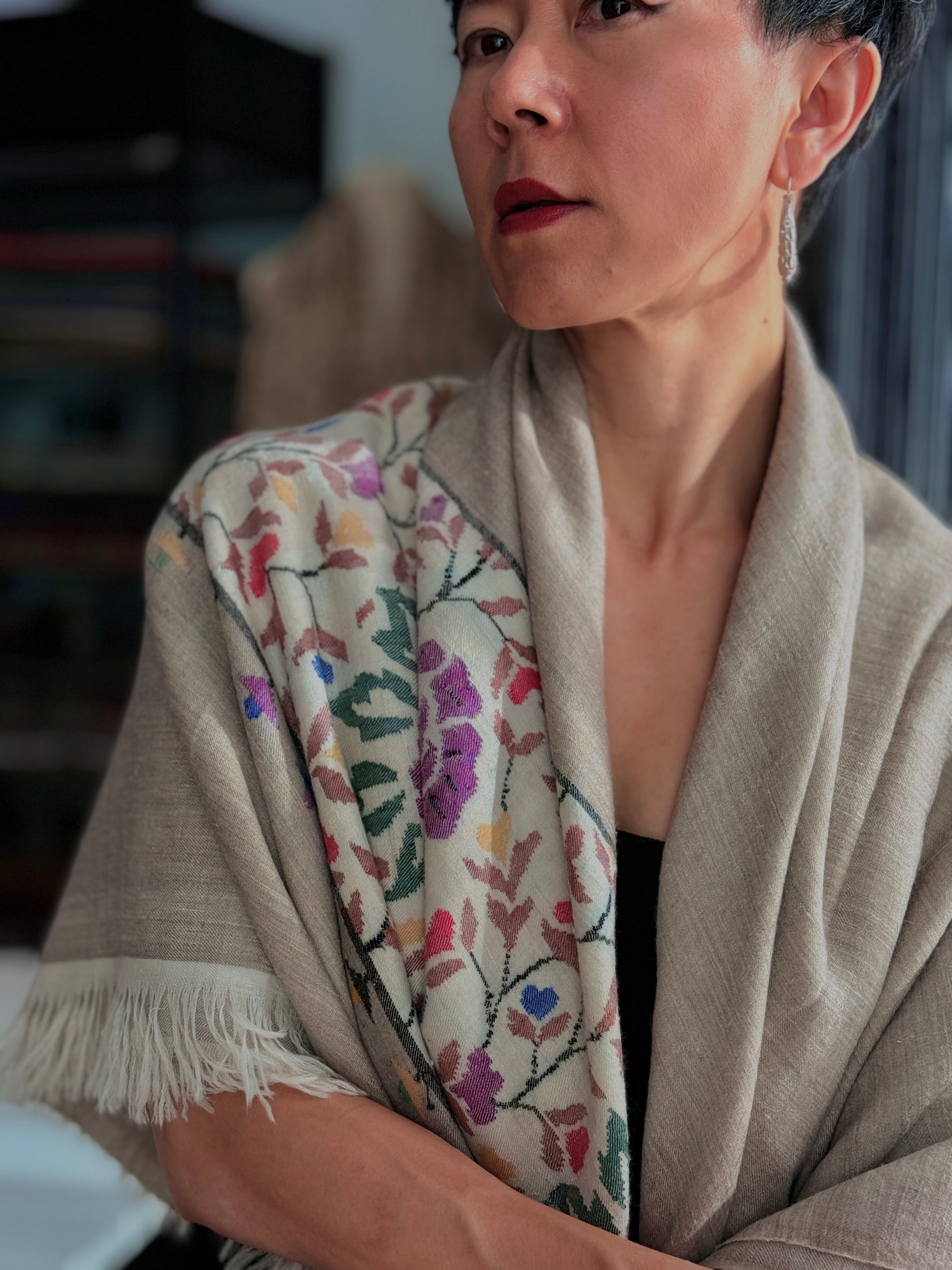 Châle Kani Pashmina beige à motif floral, 3 mètres