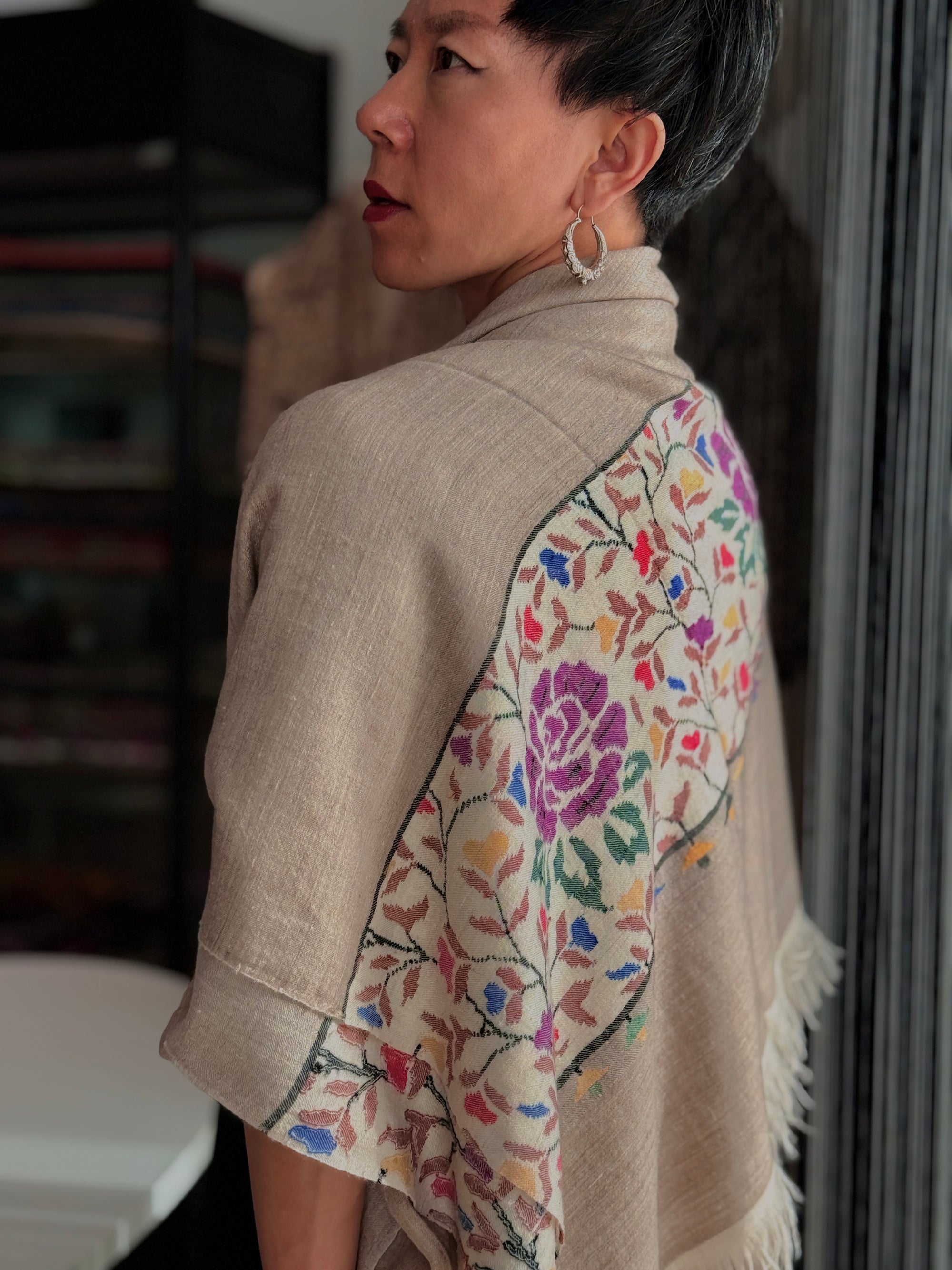 Châle Kani Pashmina beige à motif floral, 3 mètres