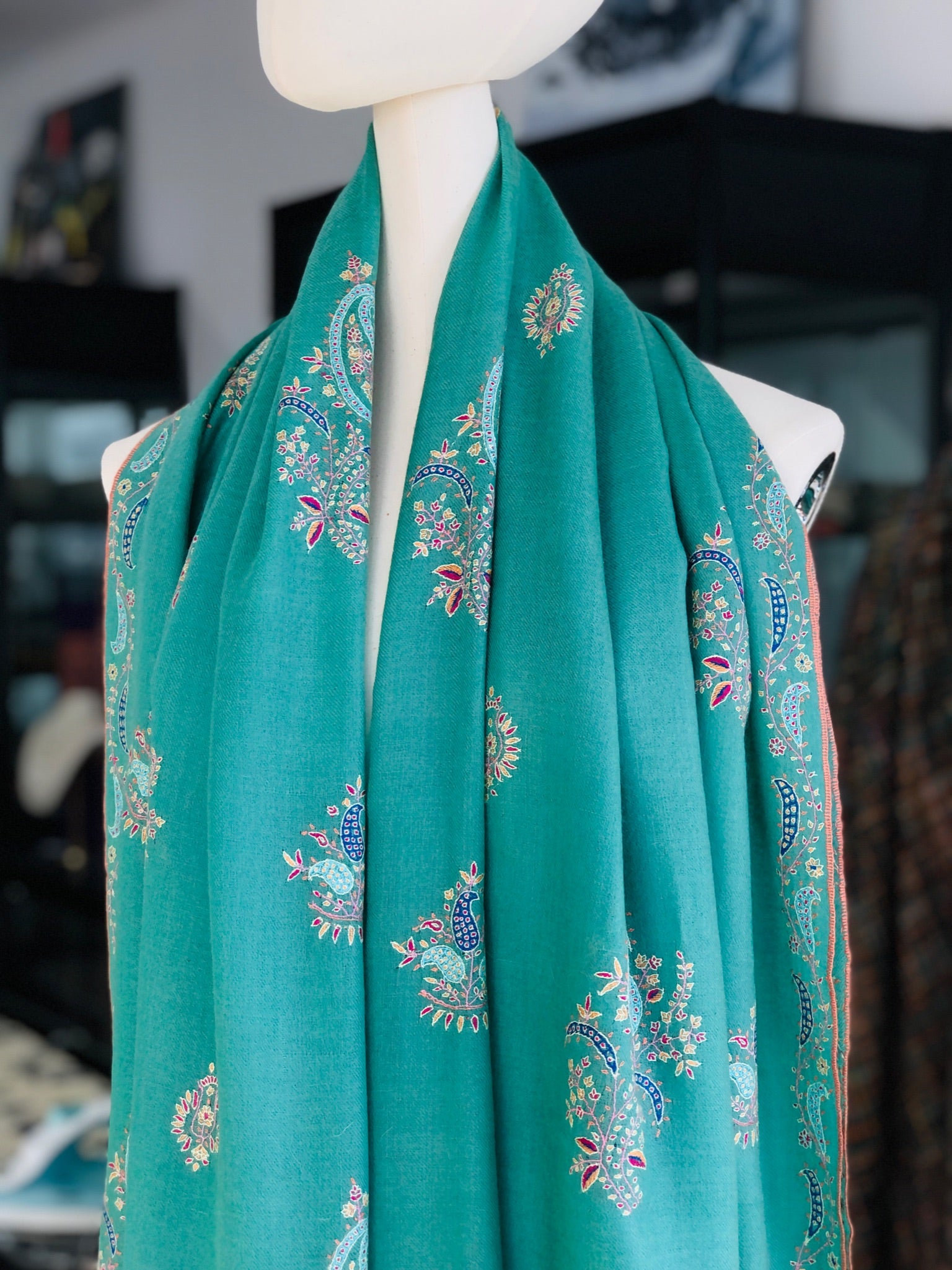 Turquoise Floral Butidar Embroidery Pashmina Shawl