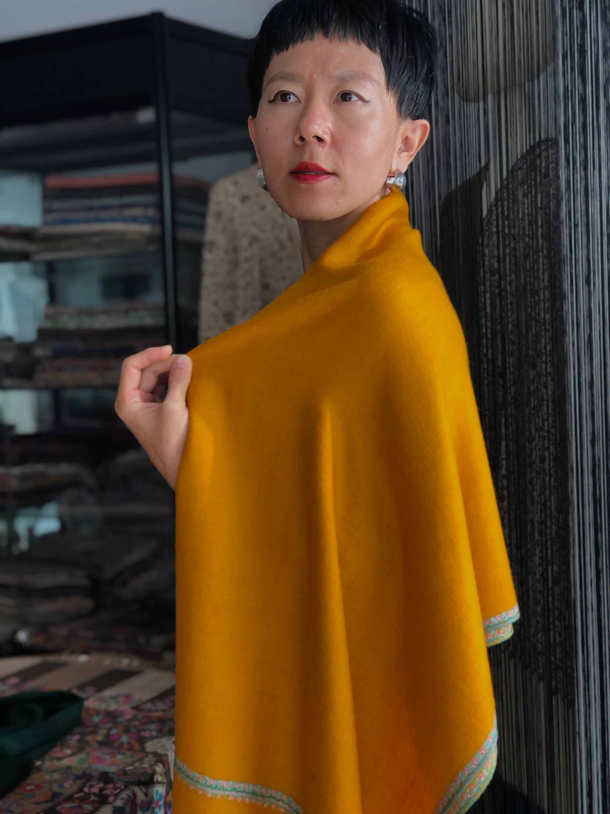 Vintage Mustard Silk Embroidery Pashmina Shawl