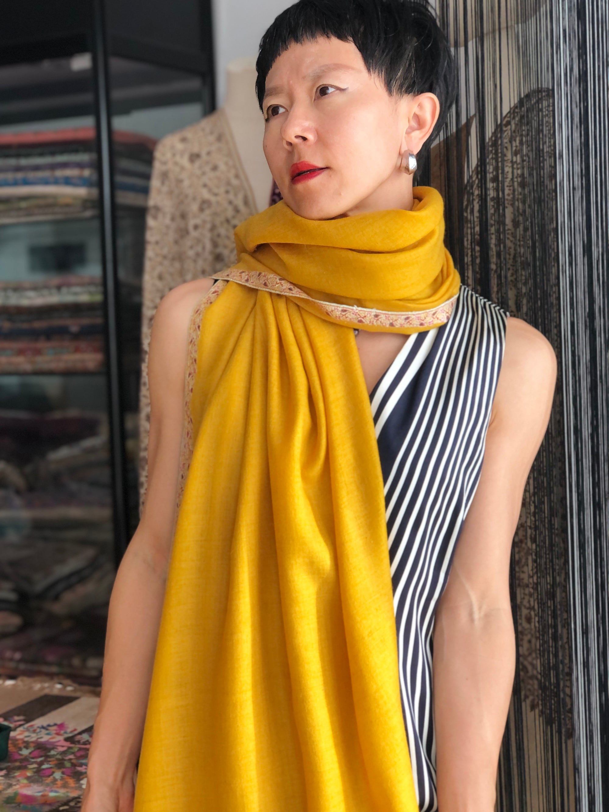 Vintage Yellow Silk Embroidery Pashmina Shawl