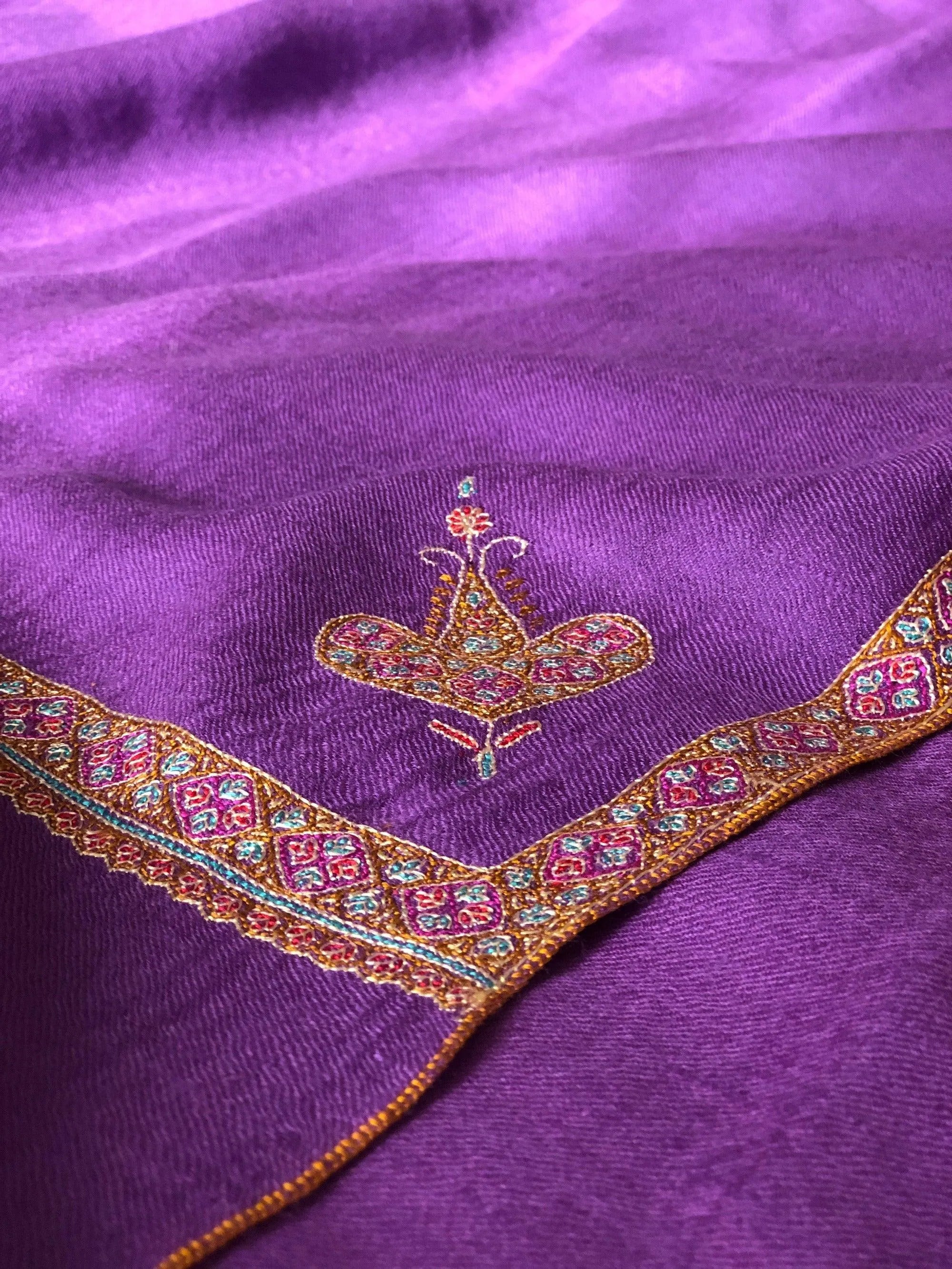 Bright Purple Silk Hashidar Embroidery Pashmina Shawl - the Atelier H