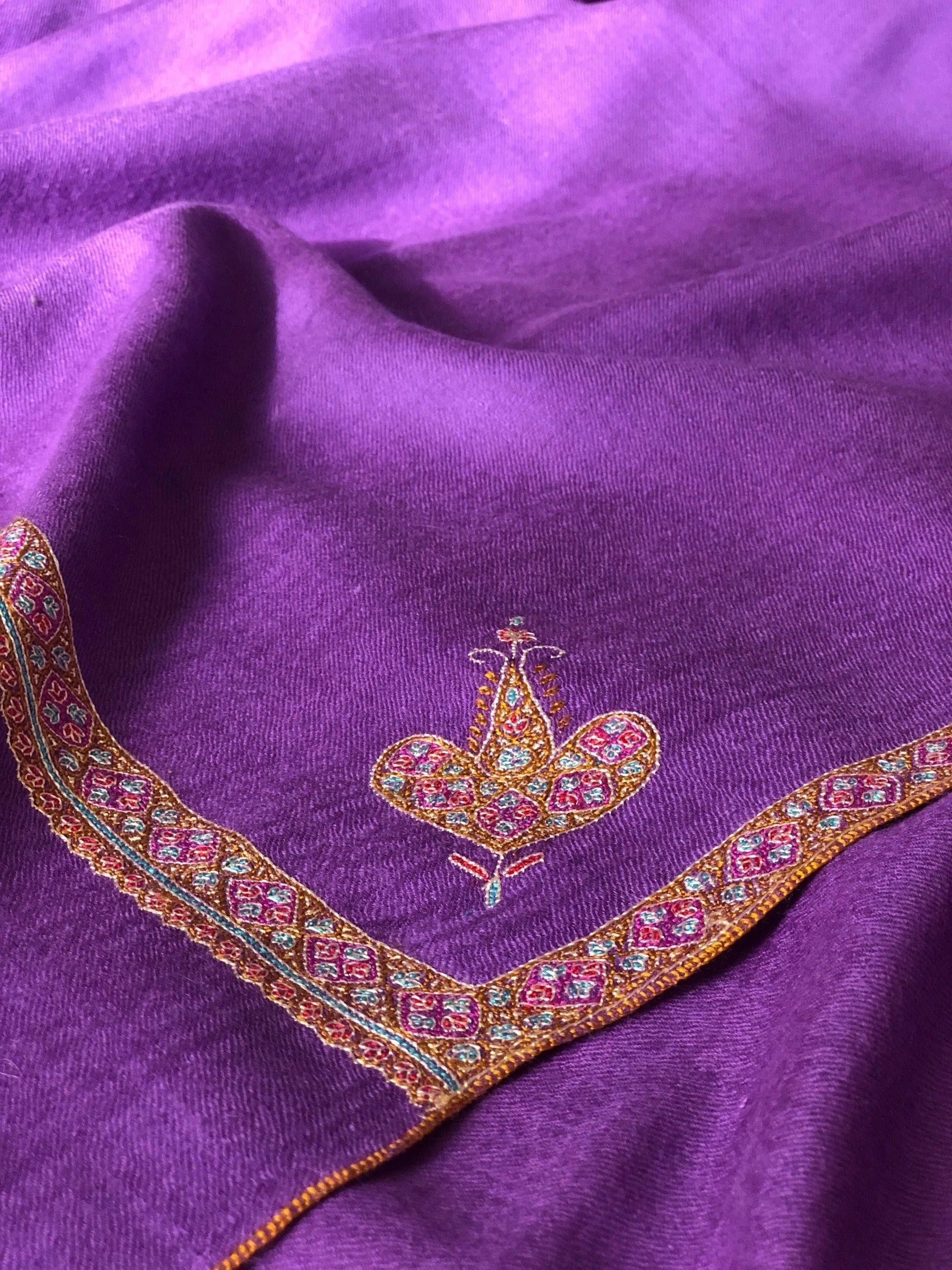 Bright Purple Silk Hashidar Embroidery Pashmina Shawl - the Atelier H