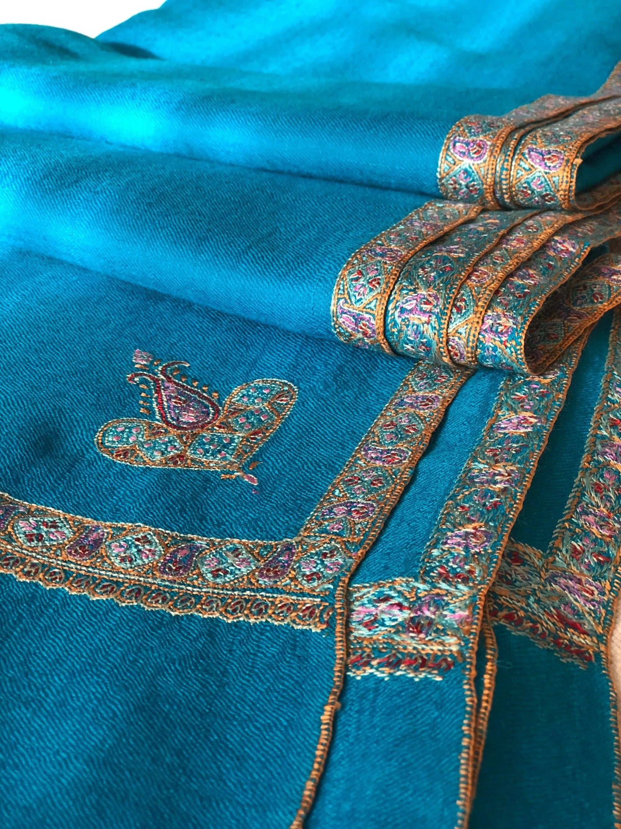 Turquoise Silk Hashidar Embroidery Pashmina Shawl - the Atelier H