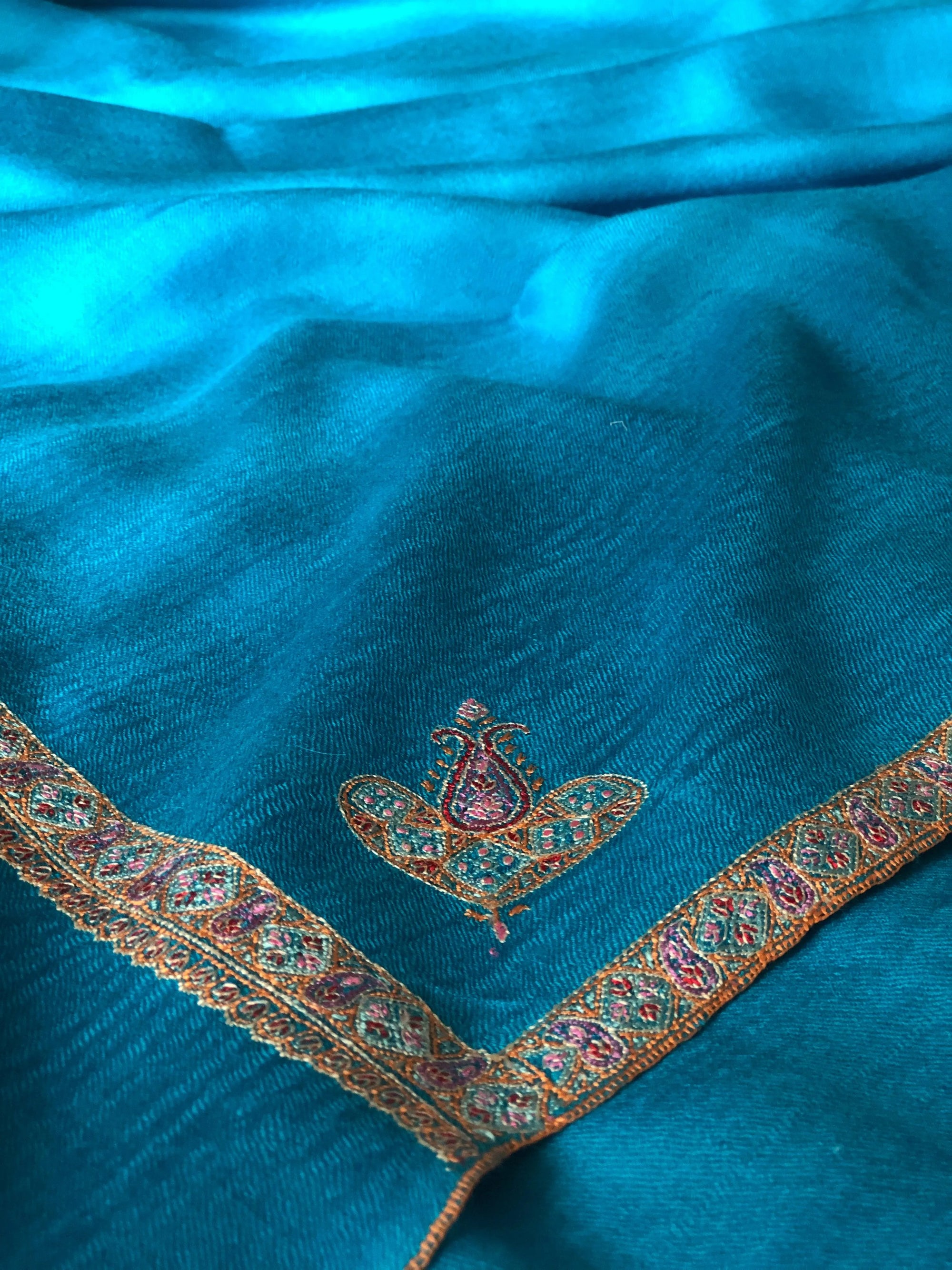 Turquoise Silk Hashidar Embroidery Pashmina Shawl - the Atelier H