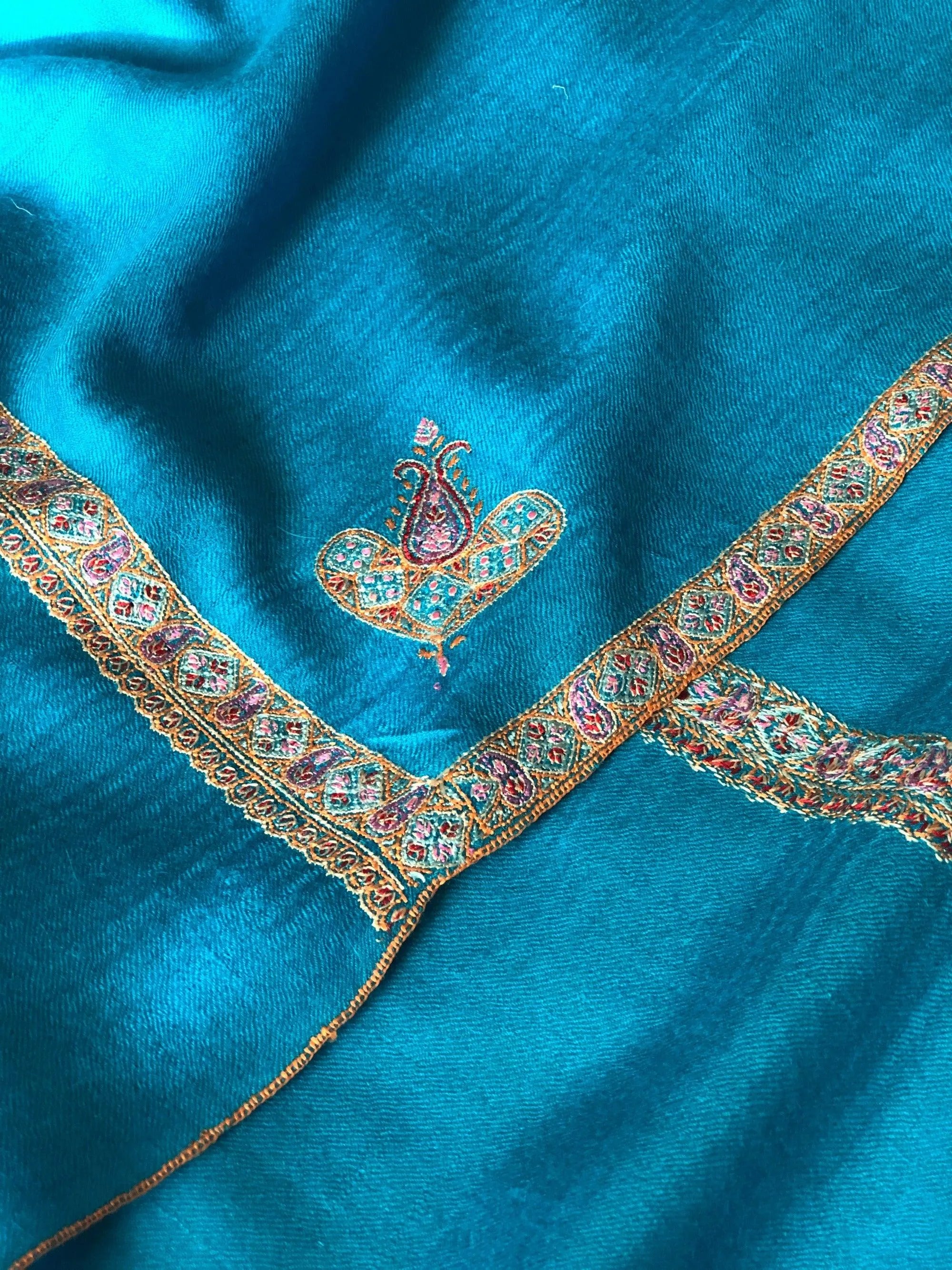 Turquoise Silk Hashidar Embroidery Pashmina Shawl - the Atelier H