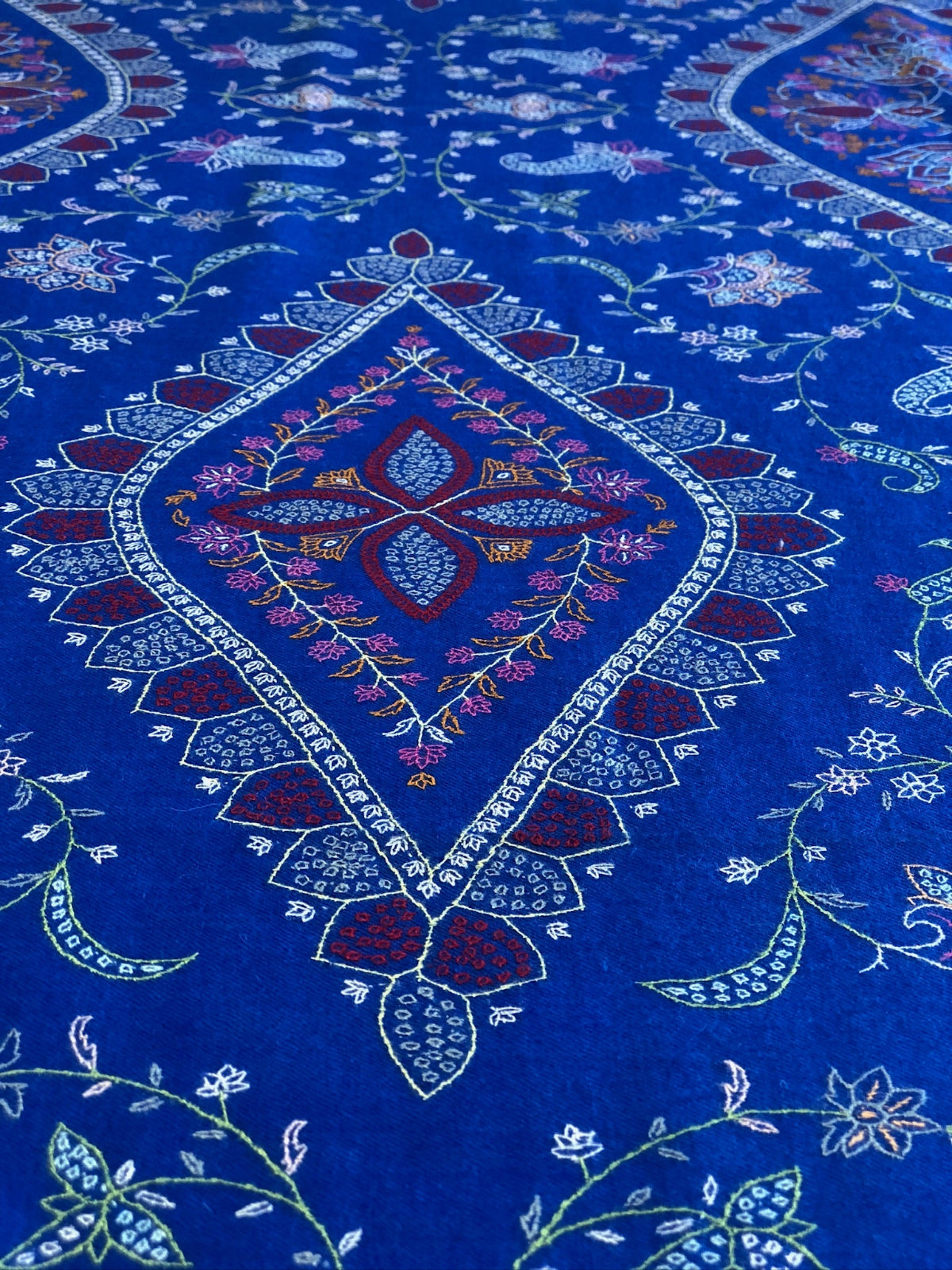 Vintage Royal Blue Floral Design Jamawar Embroidery Pashmina Shawl 7