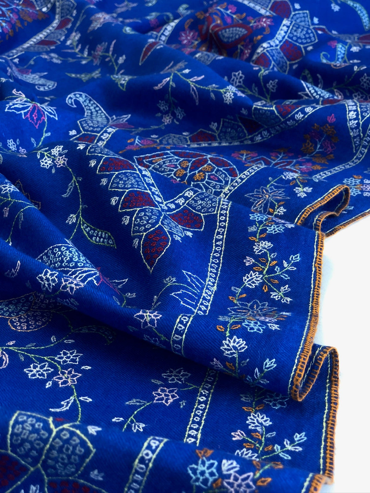 Vintage Royal Blue Floral Design Jamawar Embroidery Pashmina Shawl 6