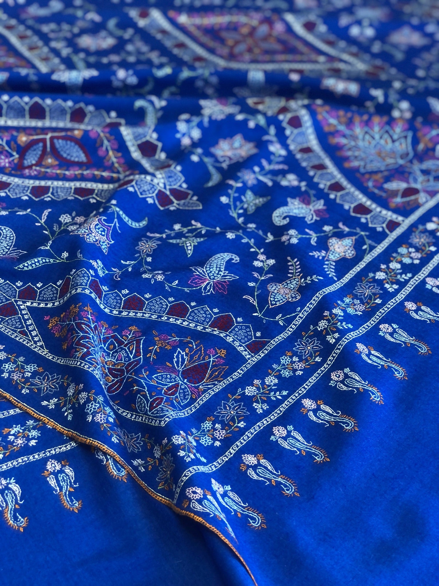 Vintage Royal Blue Floral Design Jamawar Embroidery Pashmina Shawl 3